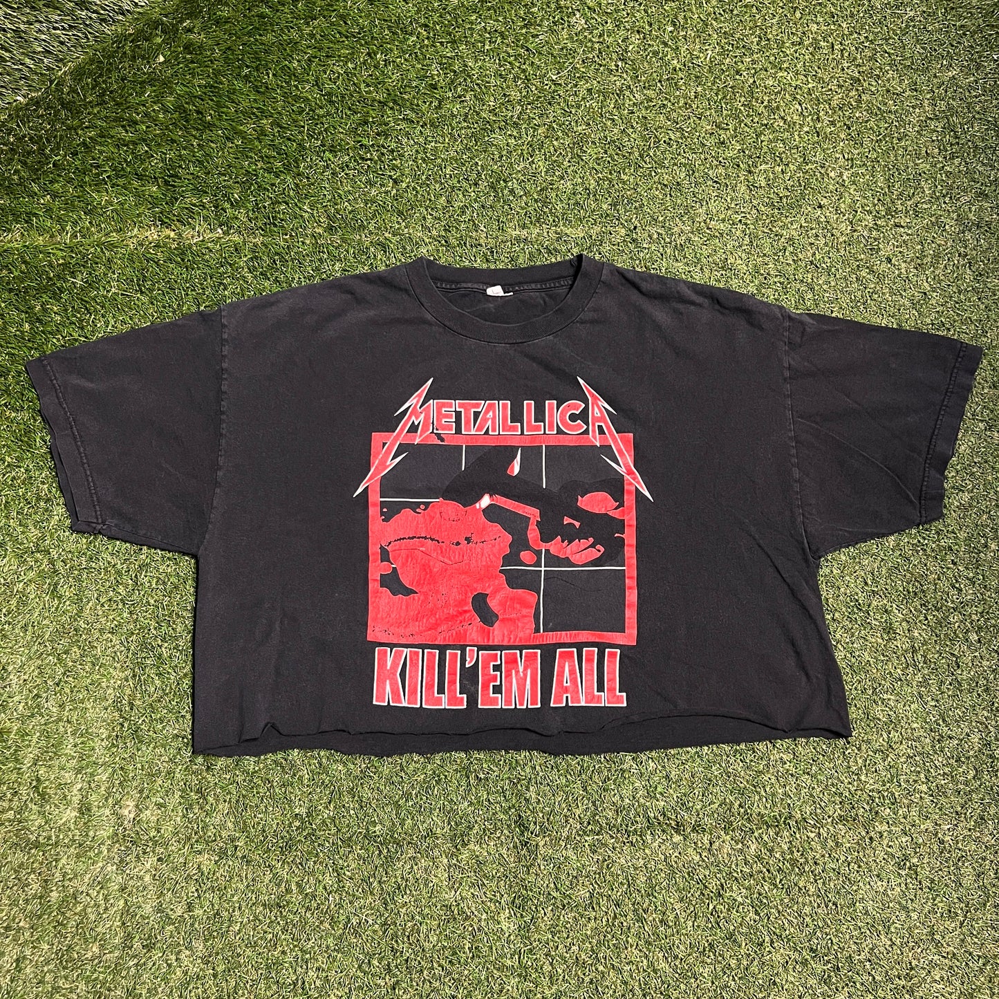 1990s Metallica Kill Em All Black Cropped Tee Size XXL USED v16480