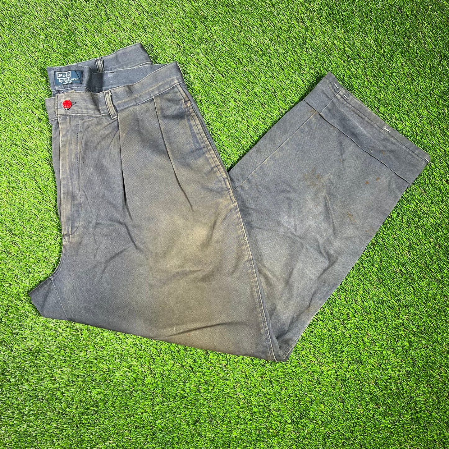 1990s Ralph Lauren Polo Chino Trashed Blue Pants Size 36x34 USED v16533