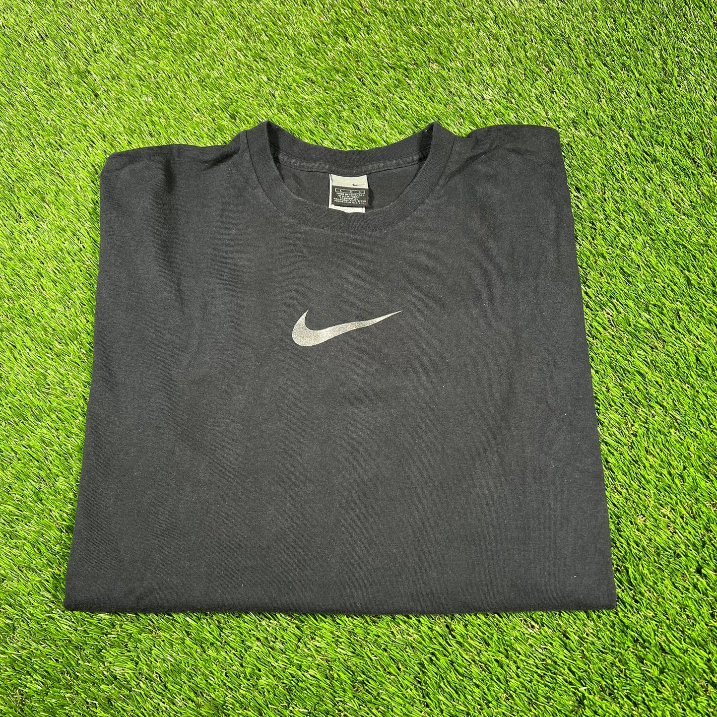Y2K Nike Glitter Center Swoosh Black Tee Size Large USED v16781