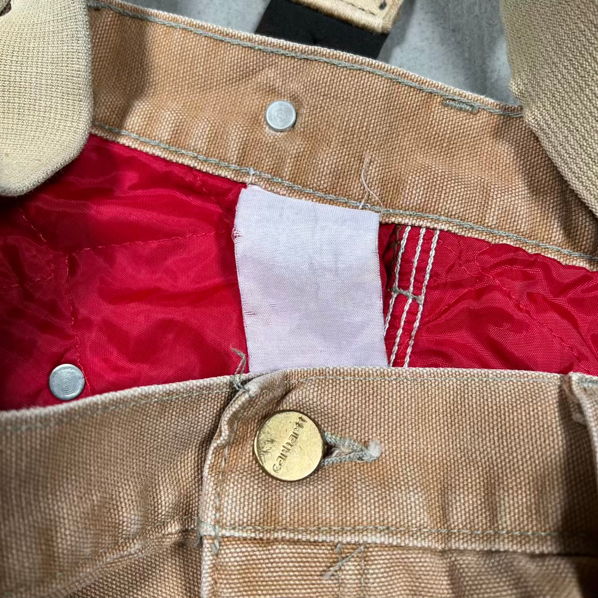 1990s Carhartt Beige Red Quilted Lined Workwear Pants w/ Suspenders Size 38 USED v20088