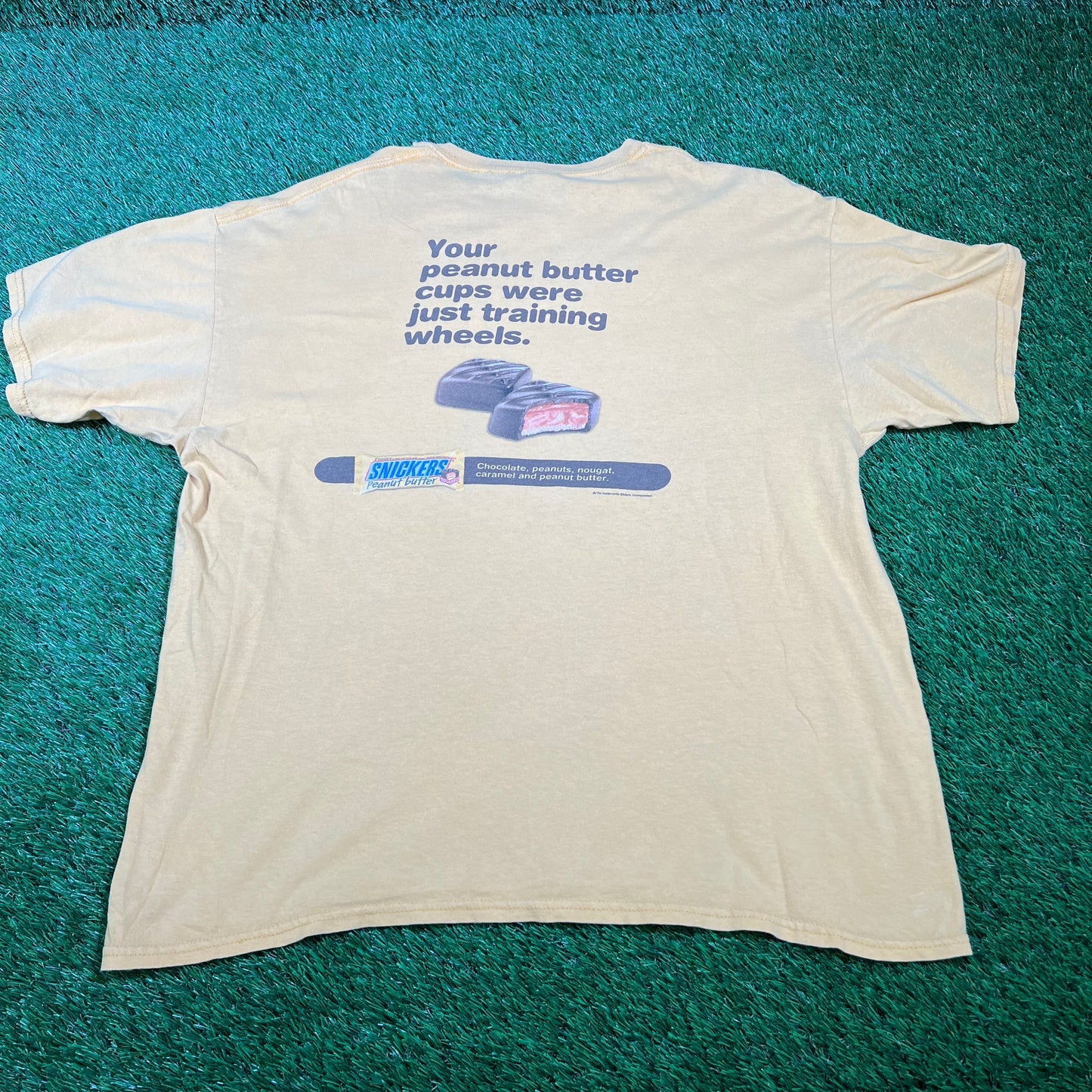 Y2K Snickers Training Wheels Yellow Tee Size XL USED v16584
