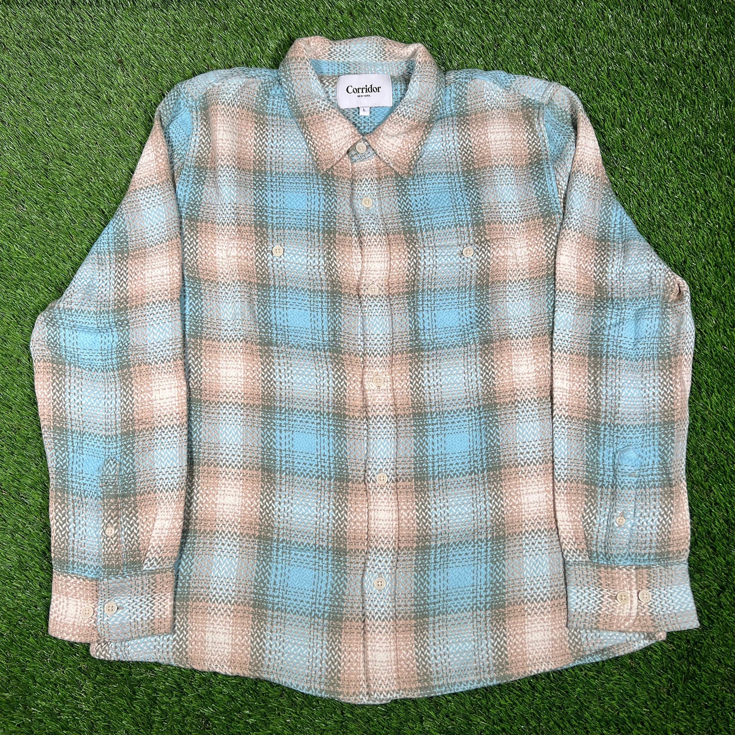 Corridor Acid Plaid Lake View Blue Button Up Flannel Size Large NEW x14706