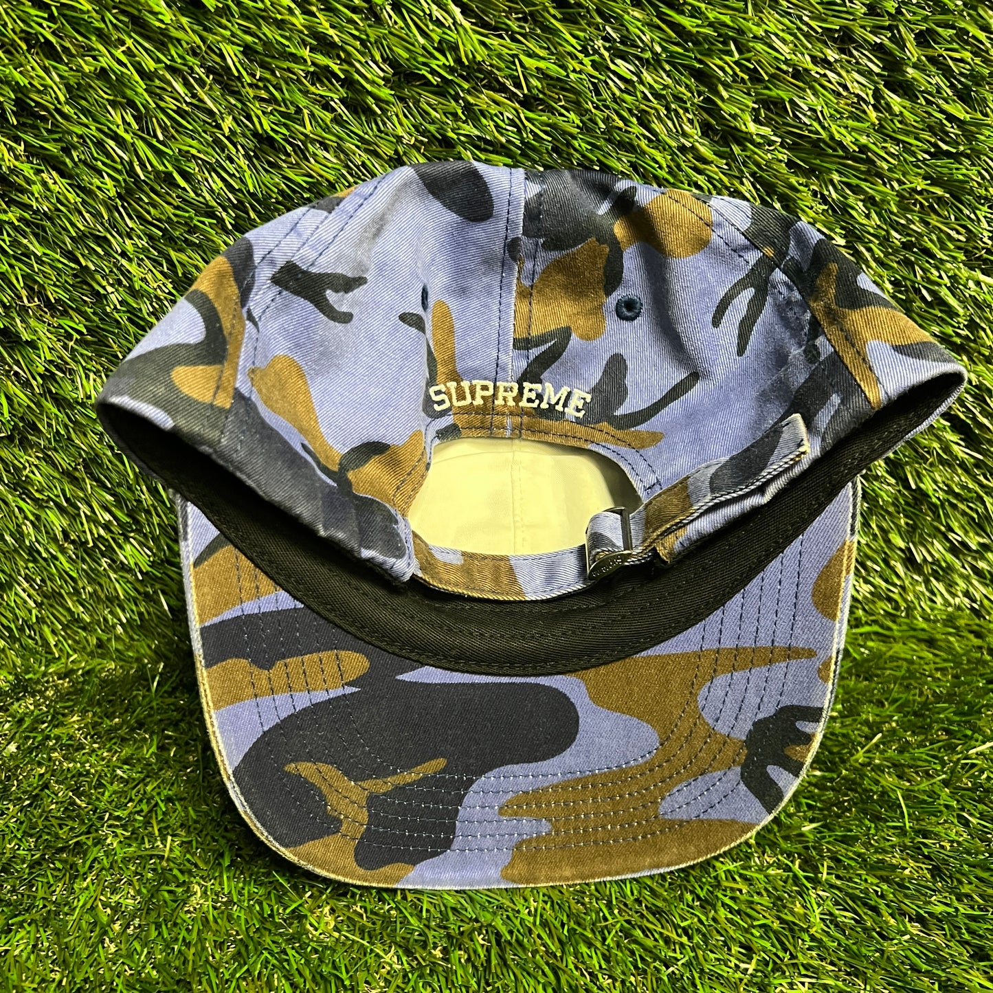 Supreme Pigment Coated S Logo 6 Panel Blue Camo Hat USED x13857