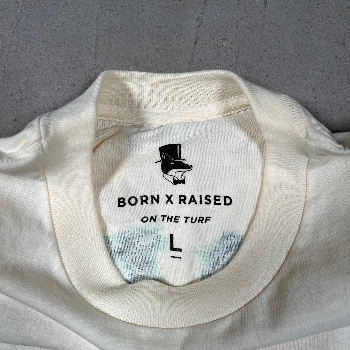 Born and Raised On The Turf Cream Tee Size Large USED x17525
