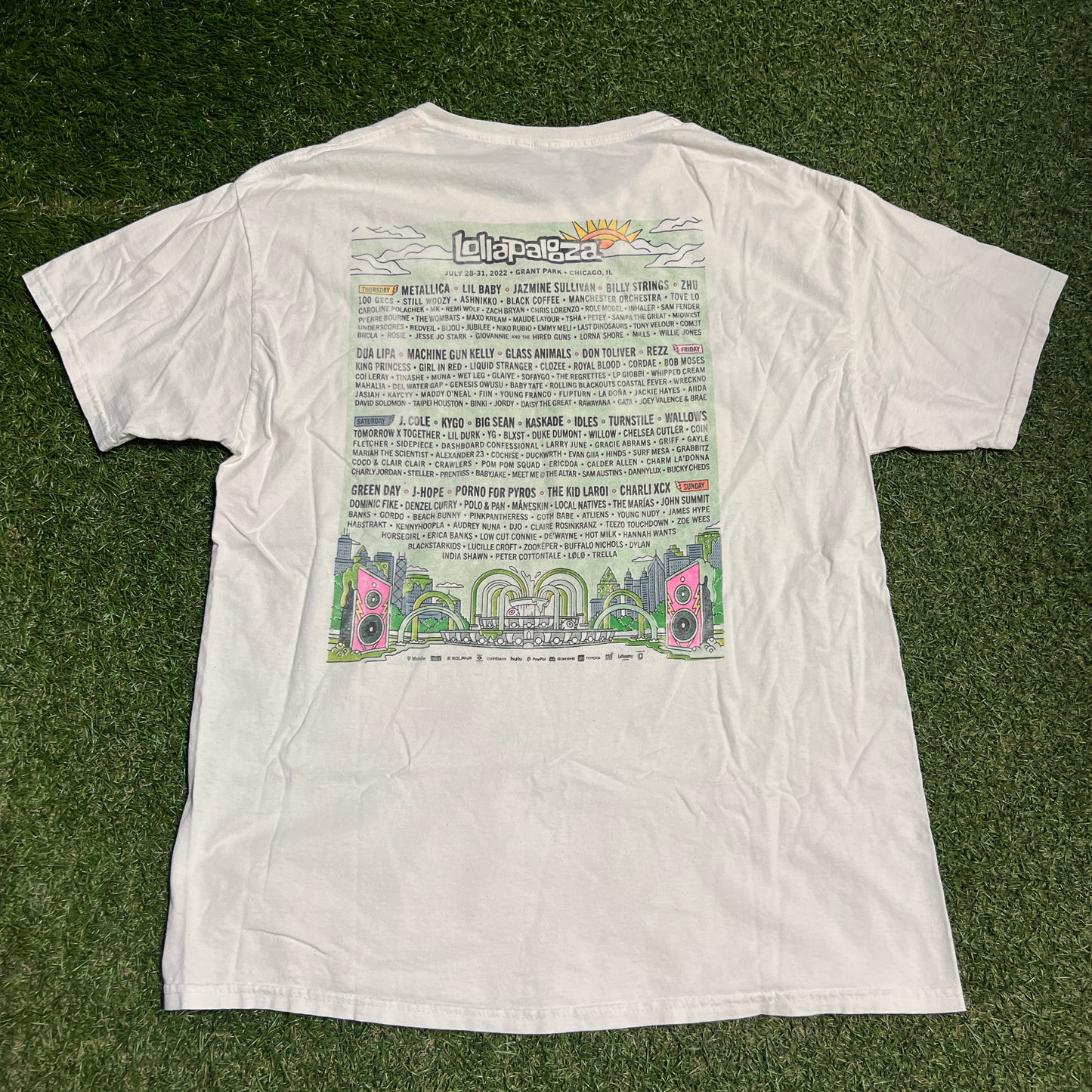 2022 Lollapalooza Double Sided White Festival Tee Size Large USED v16308