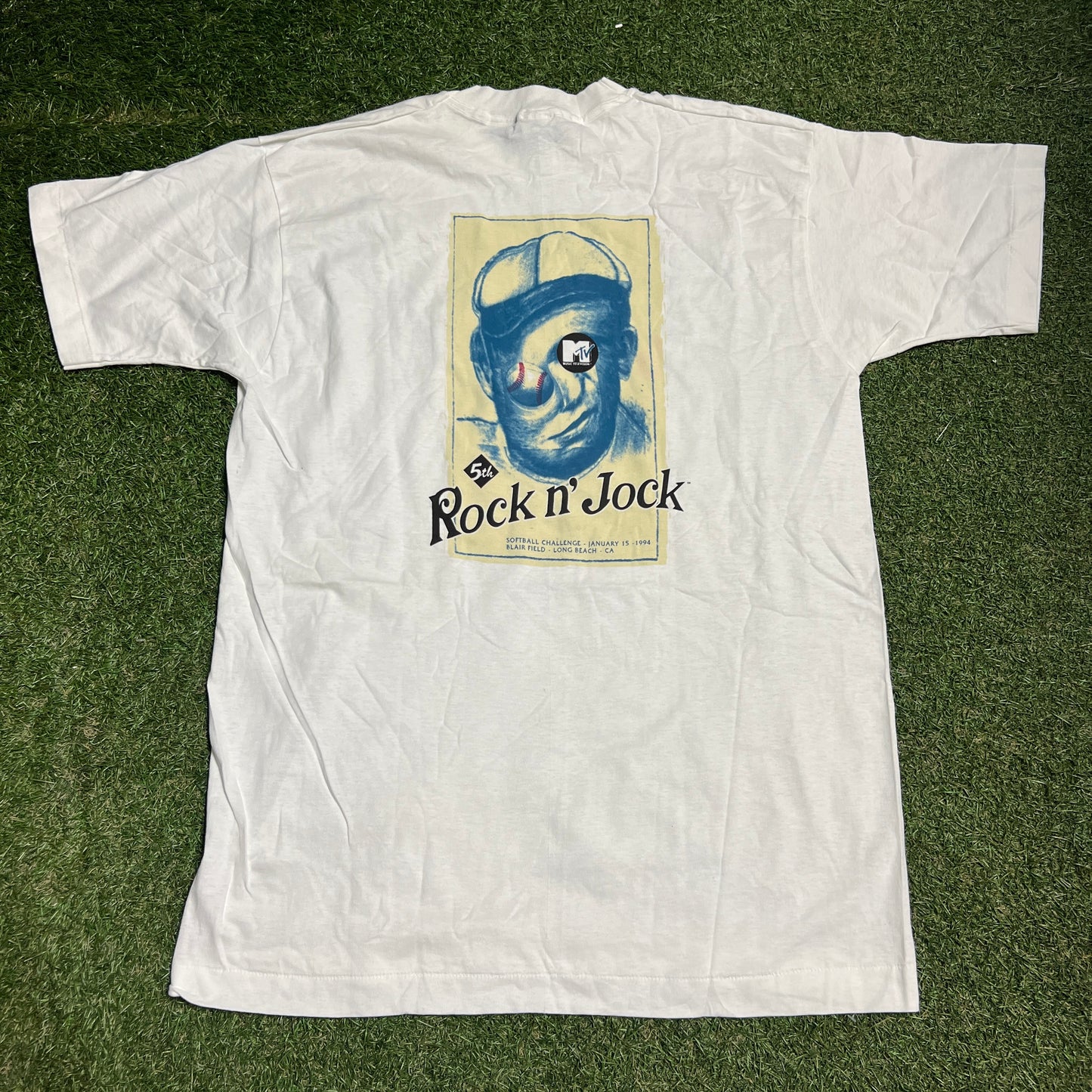 1990s MTV Rock n Jock Softball White Tee Size XL USED v16150