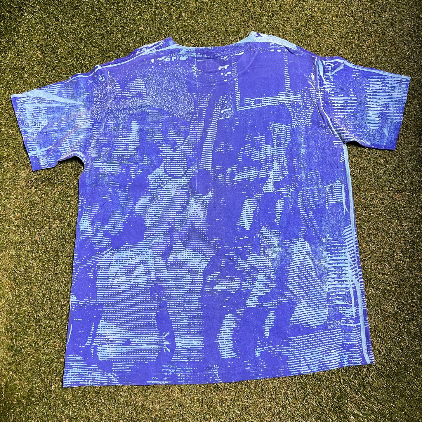 1990s Adidas Puff Print AOP Blue Tee Size XL USED v16074