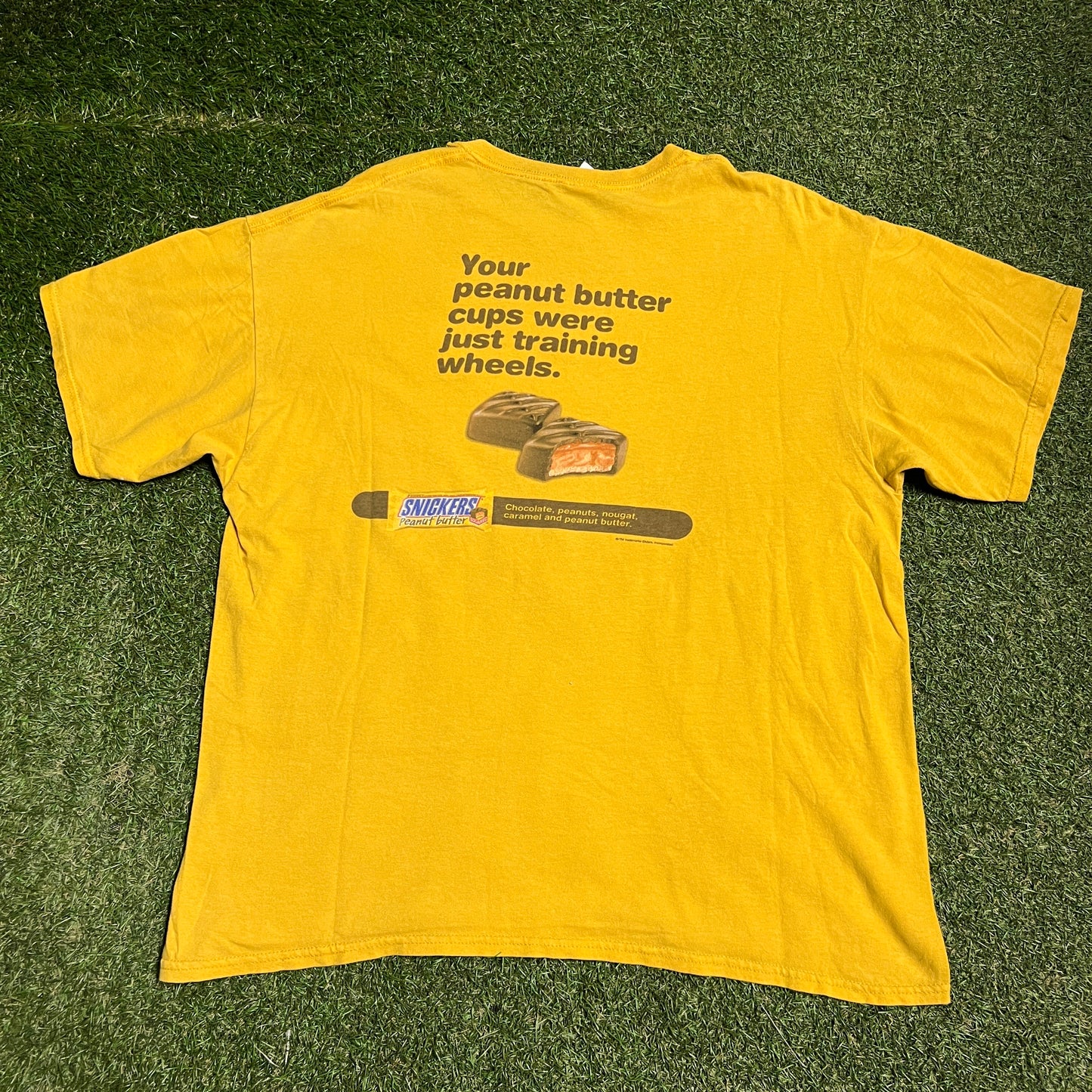 Y2K Snickers Training Wheels Yellow Tee Size XL USED v16584