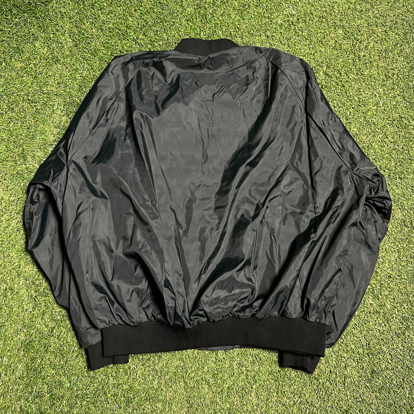 1980s Sunkist Black Satin Bomber Jacket Size XXL (Fits a L) USED v16220