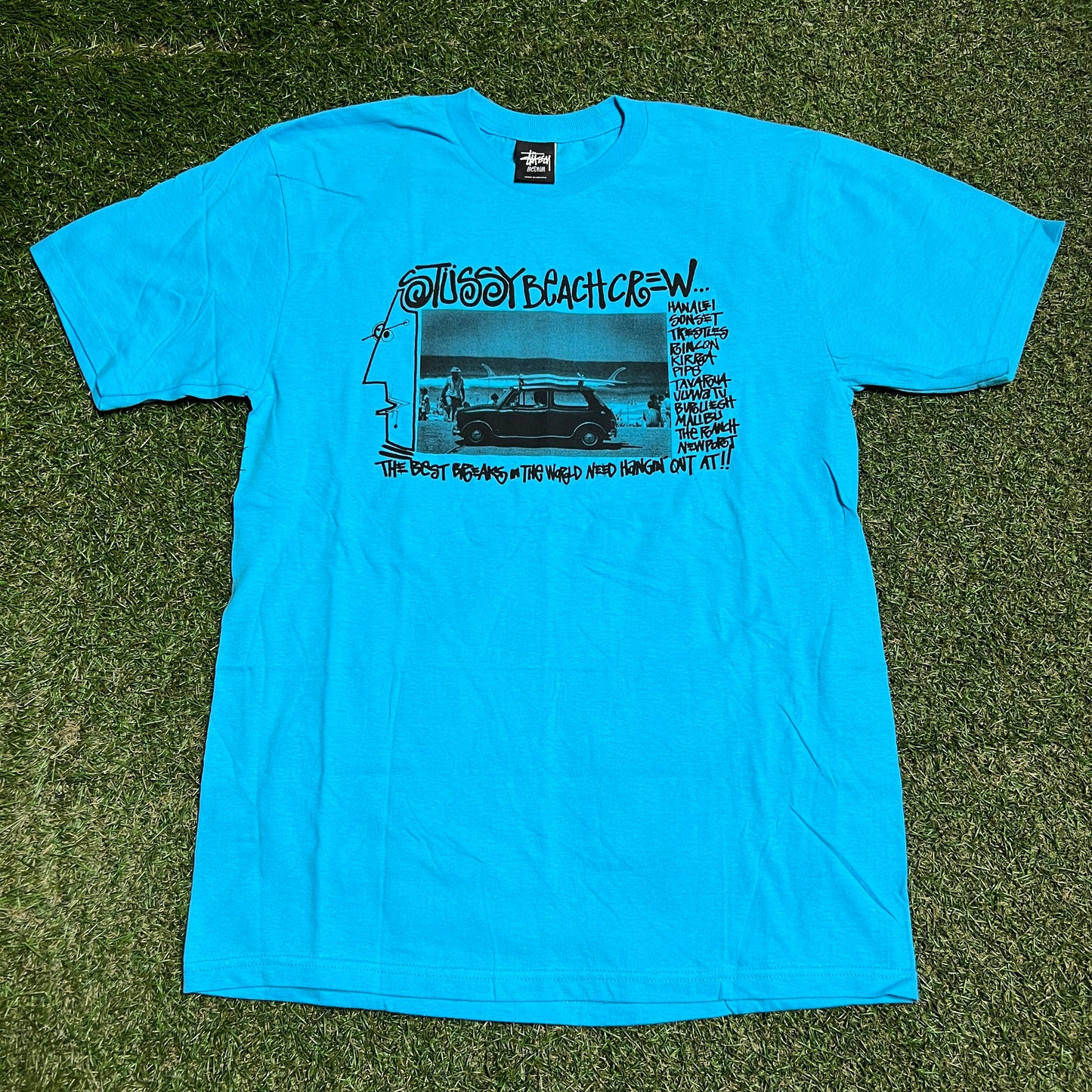Stussy Blue Beach Crew Tee Size Medium USED x14087