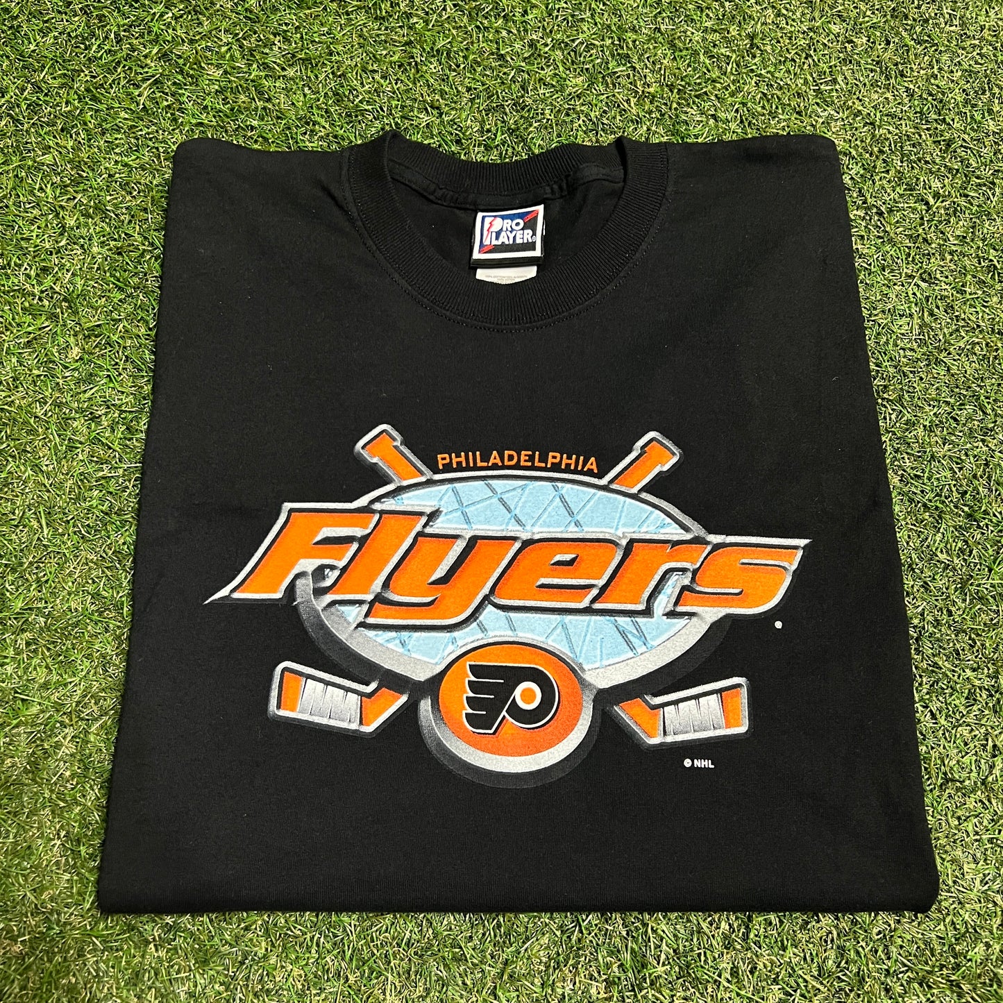 1990s Philadelphia Flyers Two Sticks Black Tee Size XL USED v16212