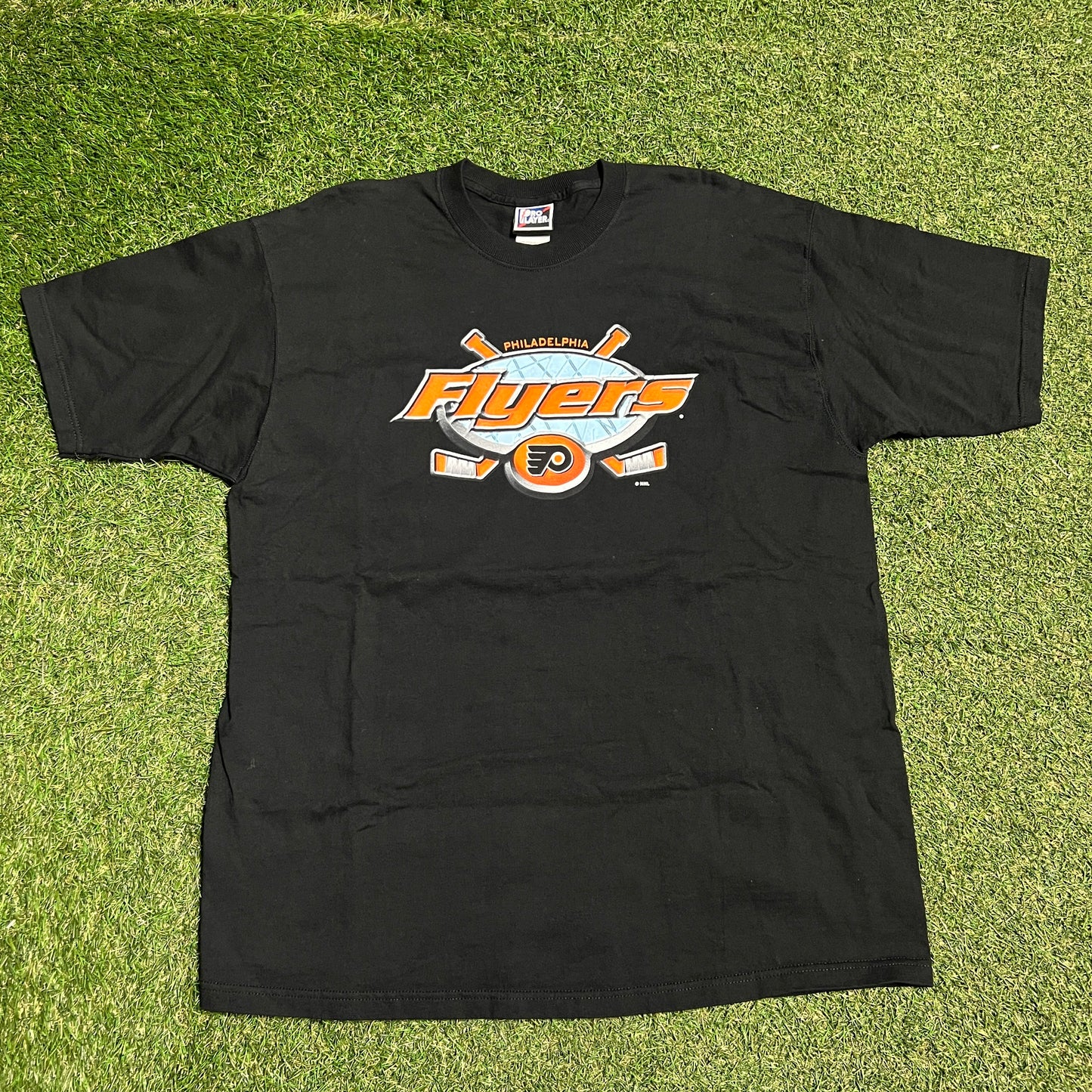 1990s Philadelphia Flyers Two Sticks Black Tee Size XL USED v16212