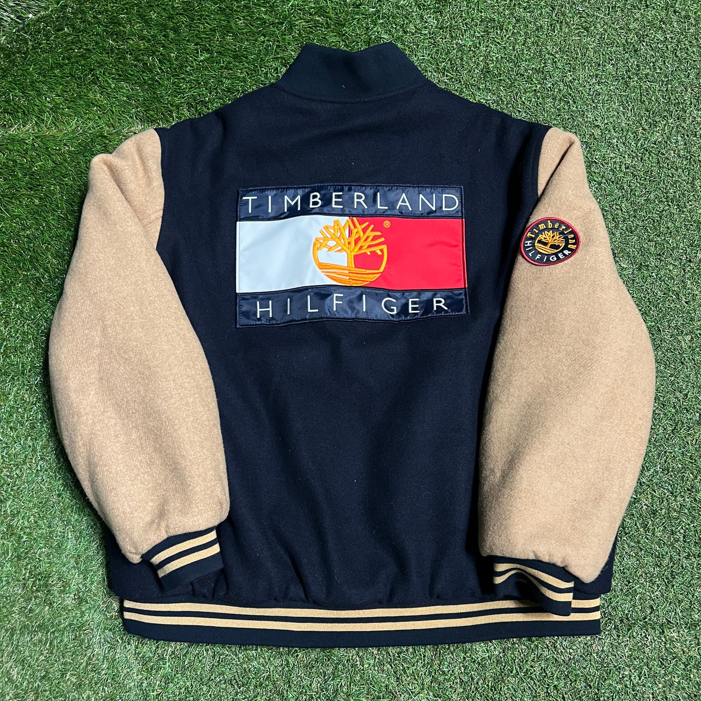 Tommy Hilfiger Timberland Reversible Navy/Yellow Varsity Jacket Size Medium NEW v16339