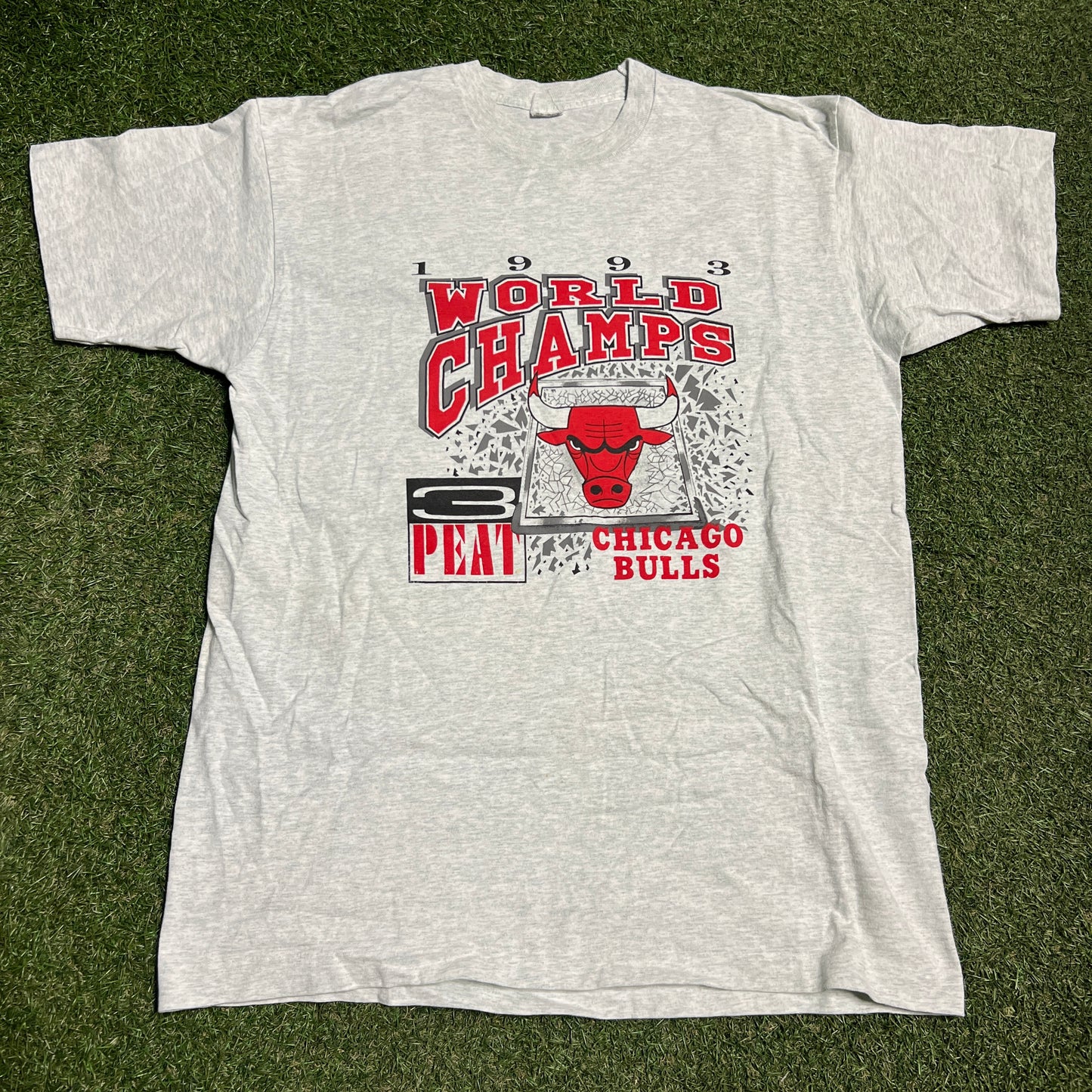 1993 Chicago Bulls World Champs Grey Tee Size XL USED v16305