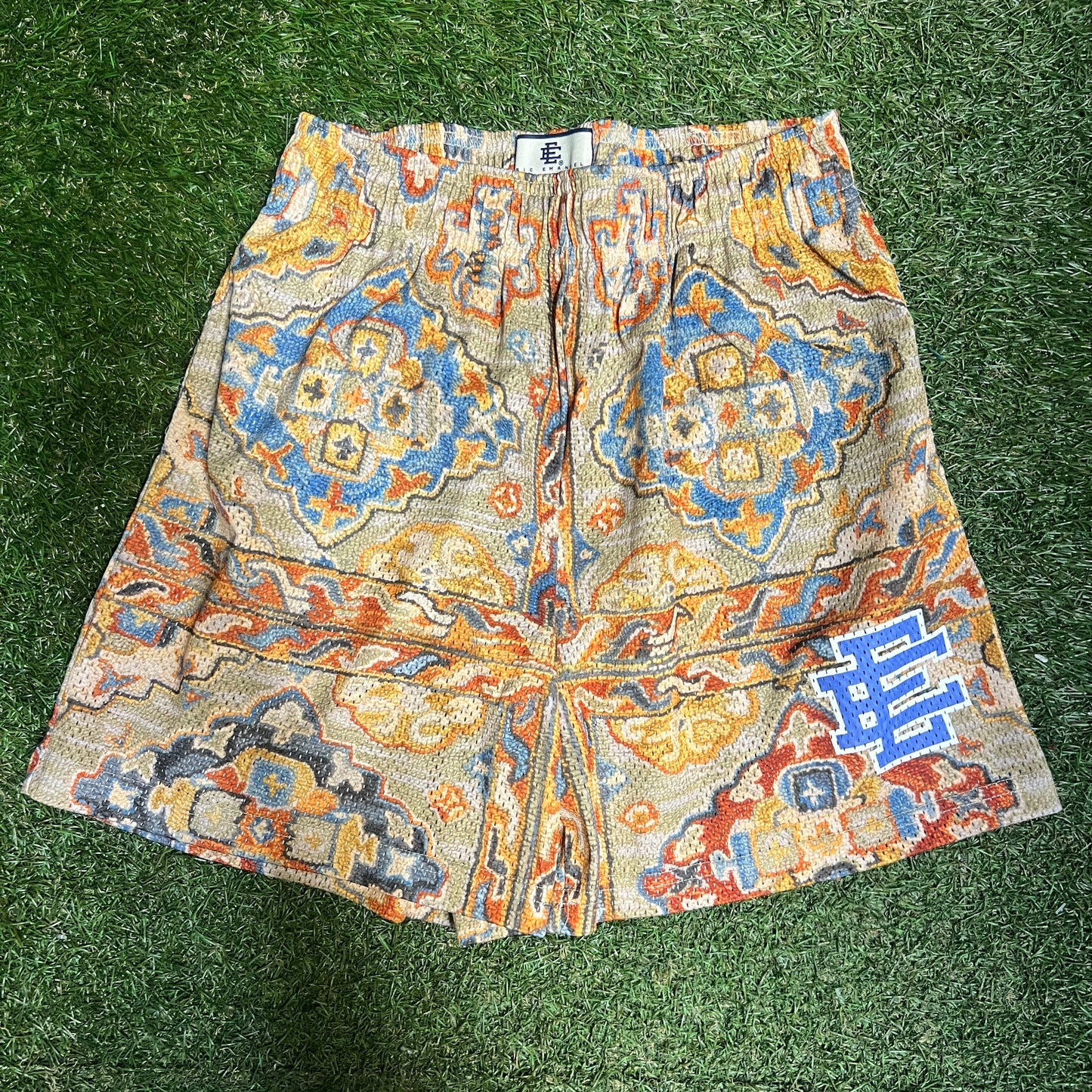 Eric Emanuel Blue Logo Rug Pattern Shorts Size Medium USED x14036