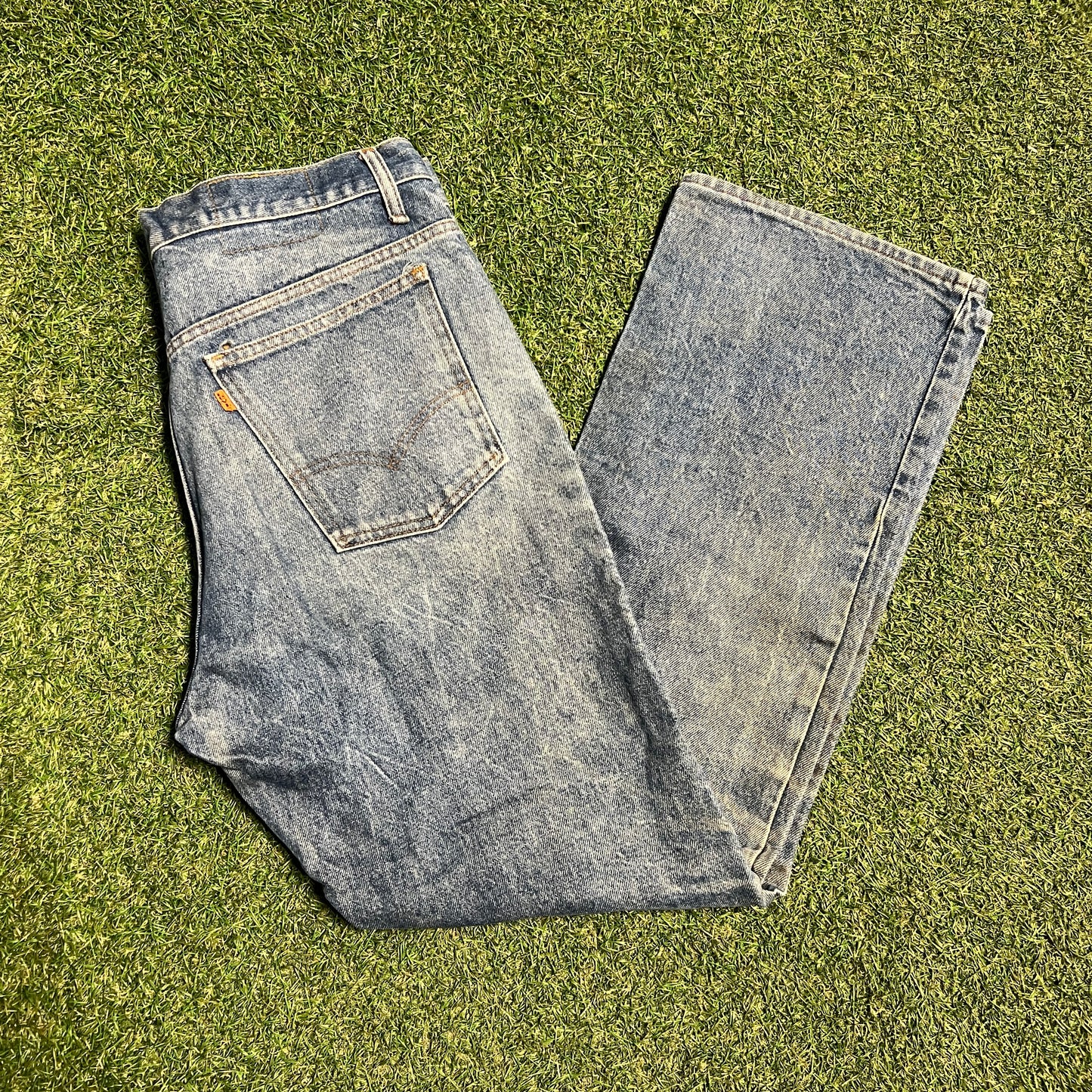 Levis 70s Big E Orange Tab Dark Blue Stained Jeans Size 32x30 USED v15893