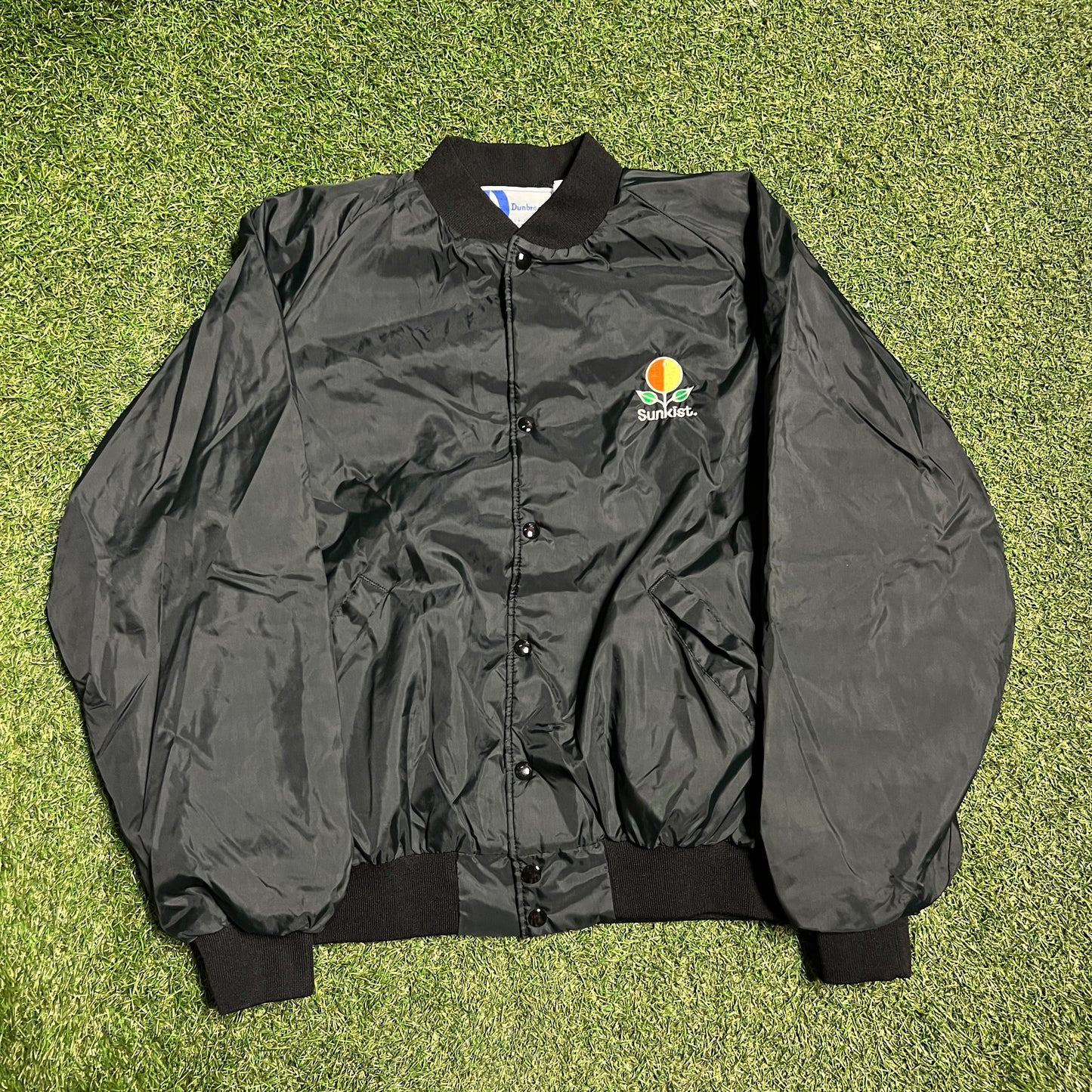 1980s Sunkist Black Satin Bomber Jacket Size XXL (Fits a L) USED v16220