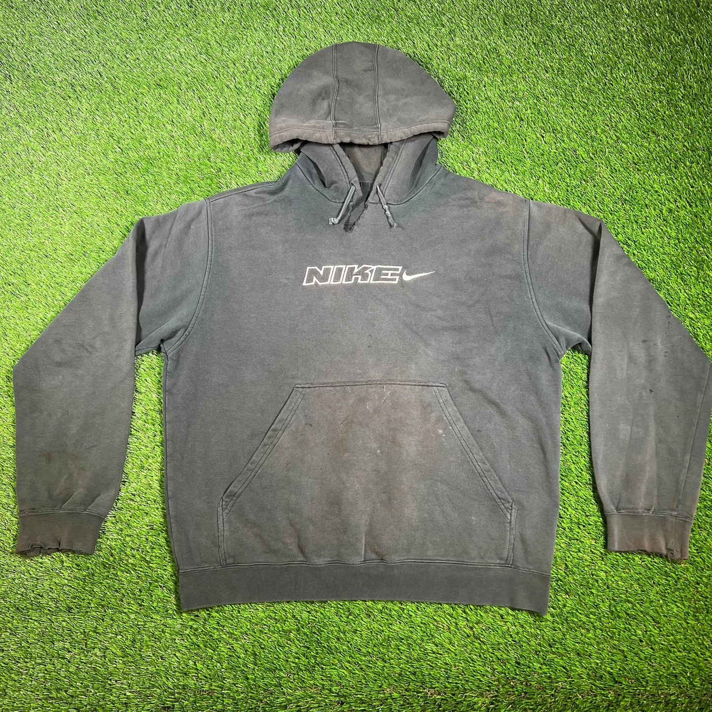 Y2K Nike Block Lettering Washed Black Hoodie Size Large USED v16531