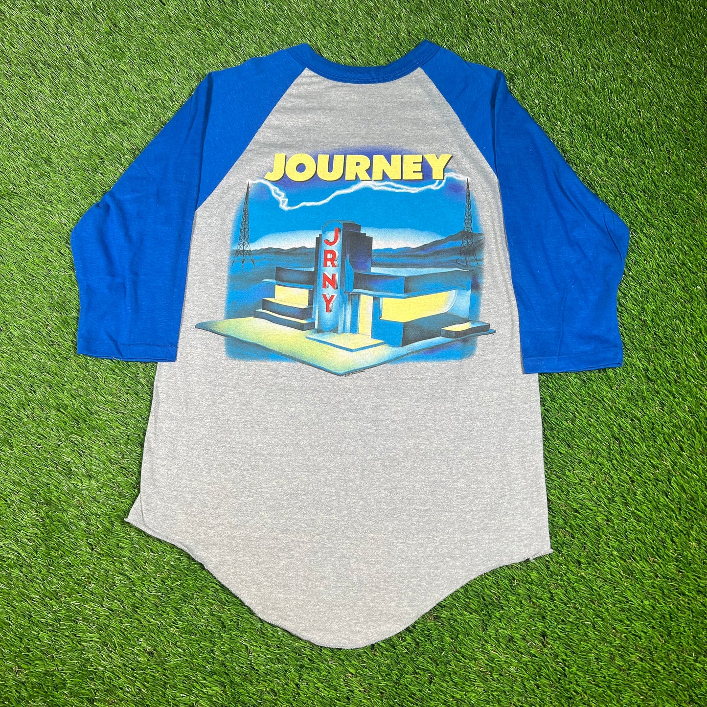 1986 Journey Raised On Radio Tour Grey/Blue Baseball Tee Size Medium USED v16627
