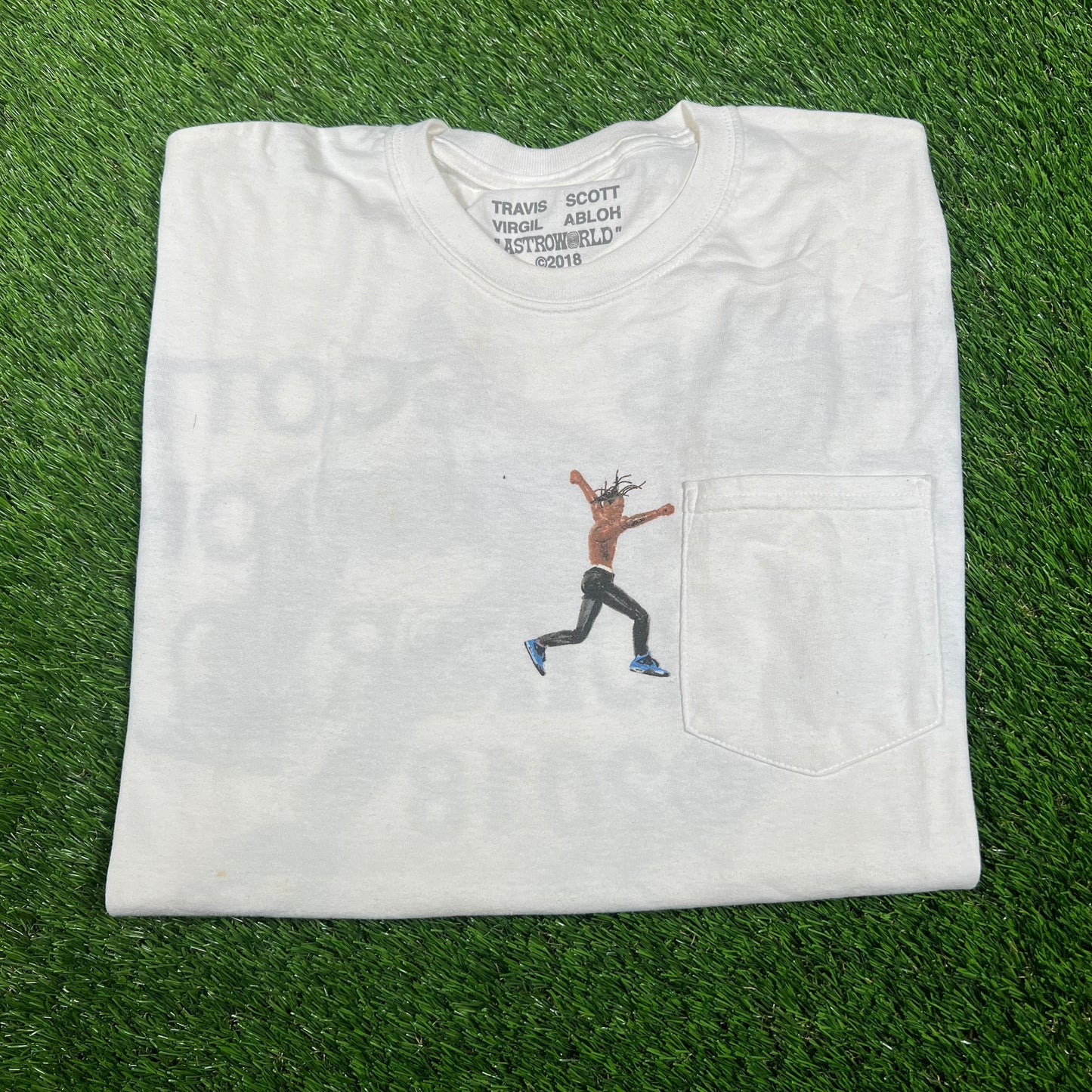 2018 Travis Scott Virgil Abloh Action Figure White Pocket Tee Size Large USED x14588