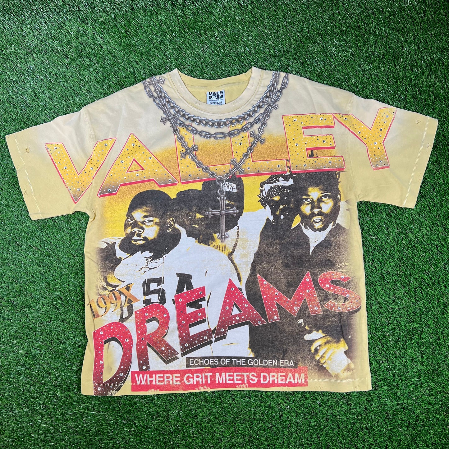 Vale Valley Dreams Rhinestone Wu-Tang Yellow Tee Size Medium NEW x14404