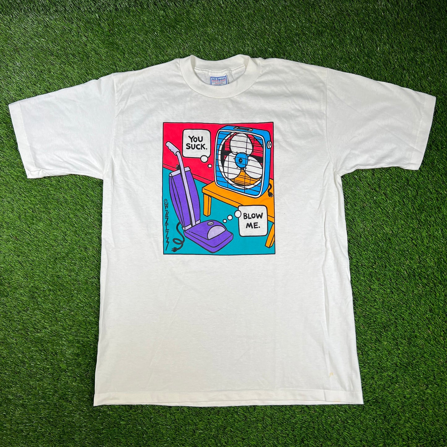 1990s You Suck Blow Me Vaccum Fan Art White Tee Size Large USED v16651