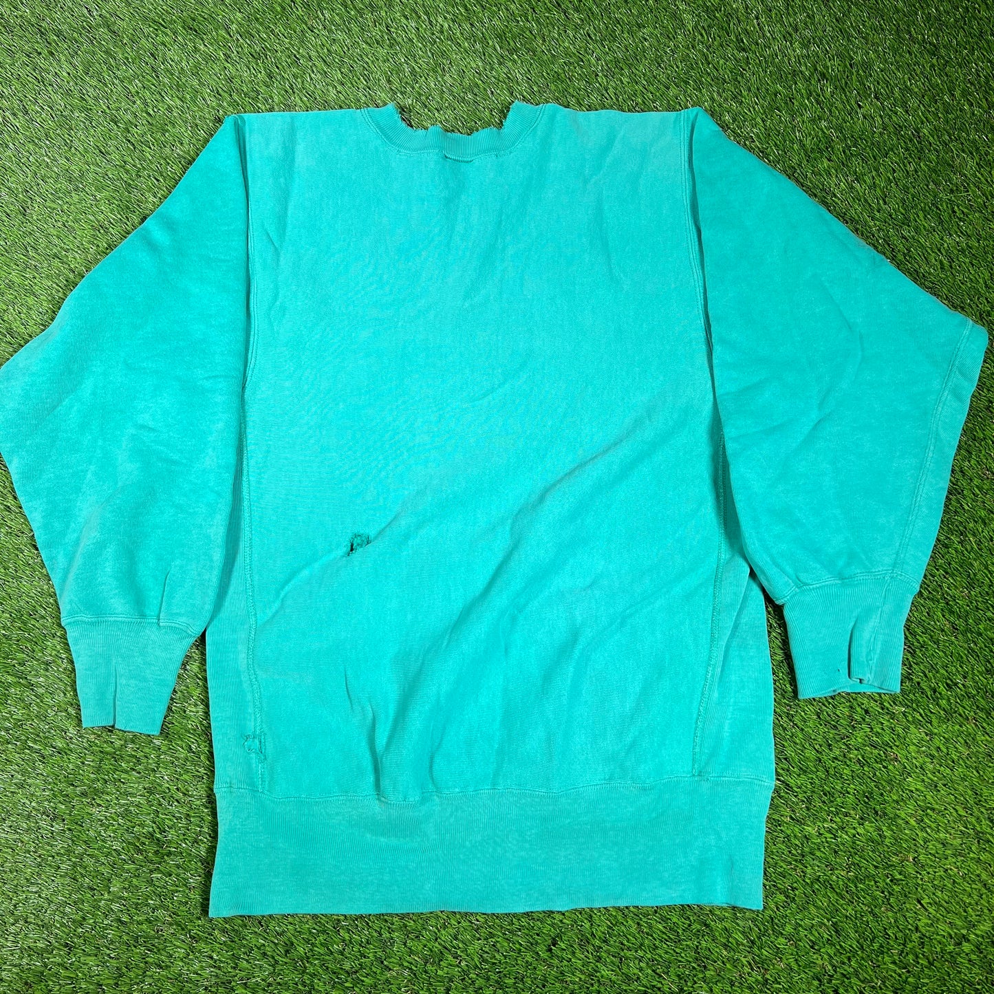 1990s Champion Teal Trashed Crewneck Size Large USED v16529