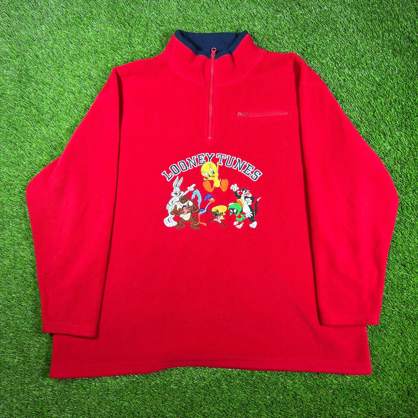 2000 Looney Tunes Embroidered Half Zip Red Fleece Size XXL USED v17046