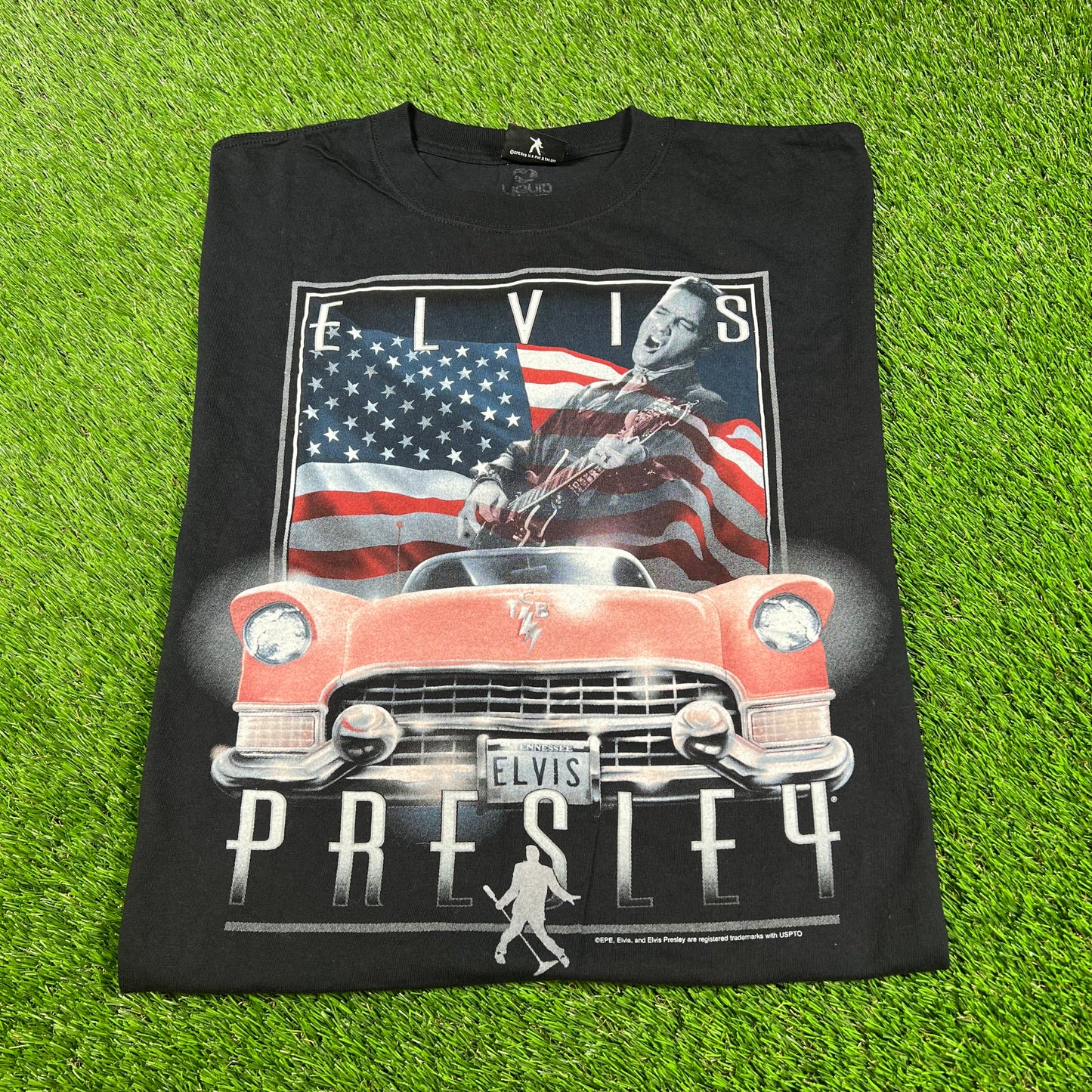 Y2K Elvis Presley Car Flay Black Tee Size XL USED v16701