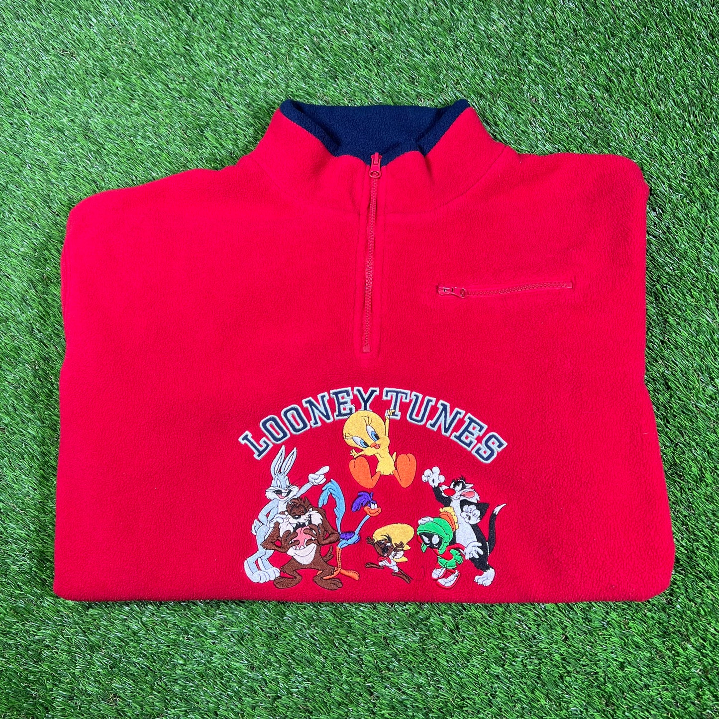 2000 Looney Tunes Embroidered Half Zip Red Fleece Size XXL USED v17046