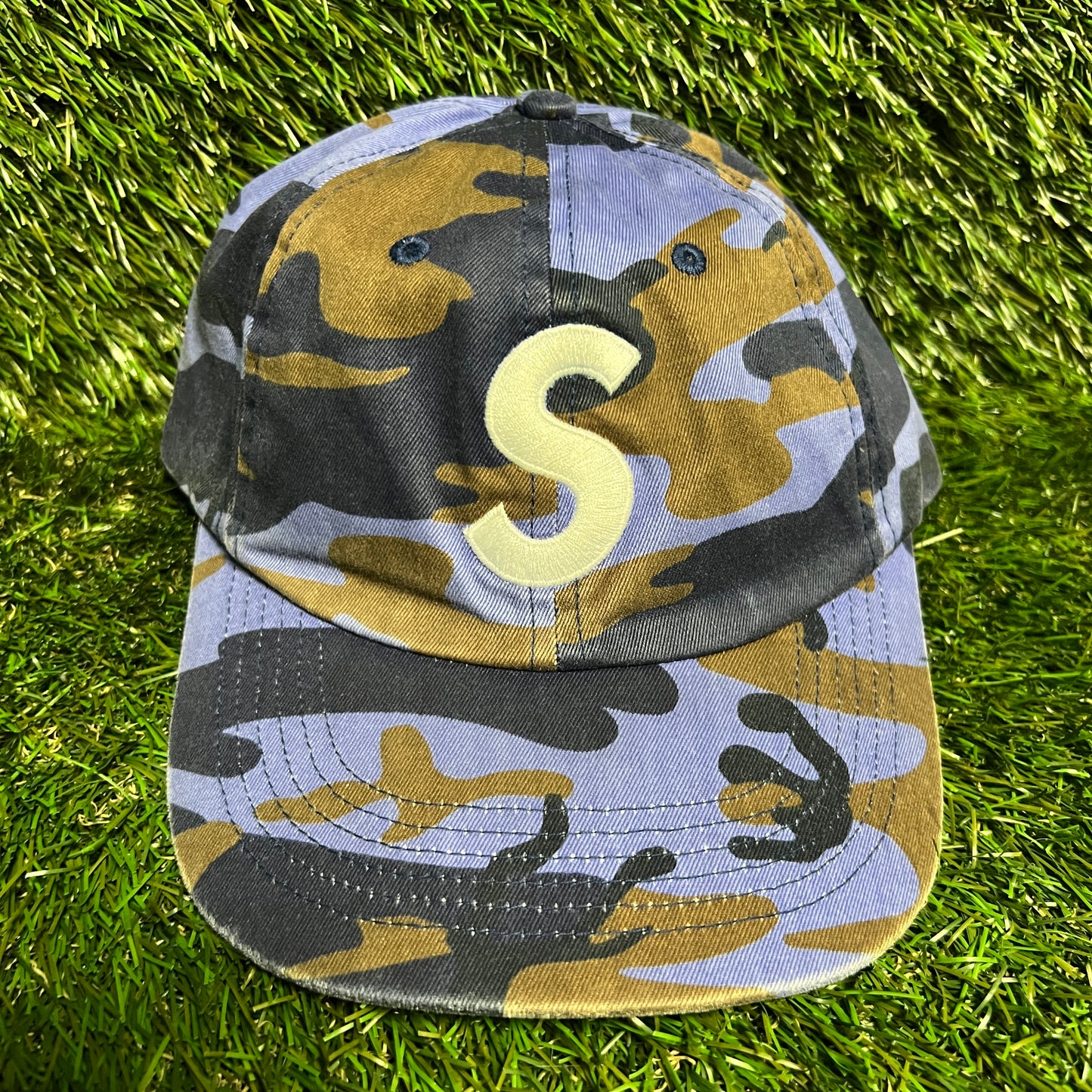 Supreme Pigment Coated S Logo 6 Panel Blue Camo Hat USED x13857