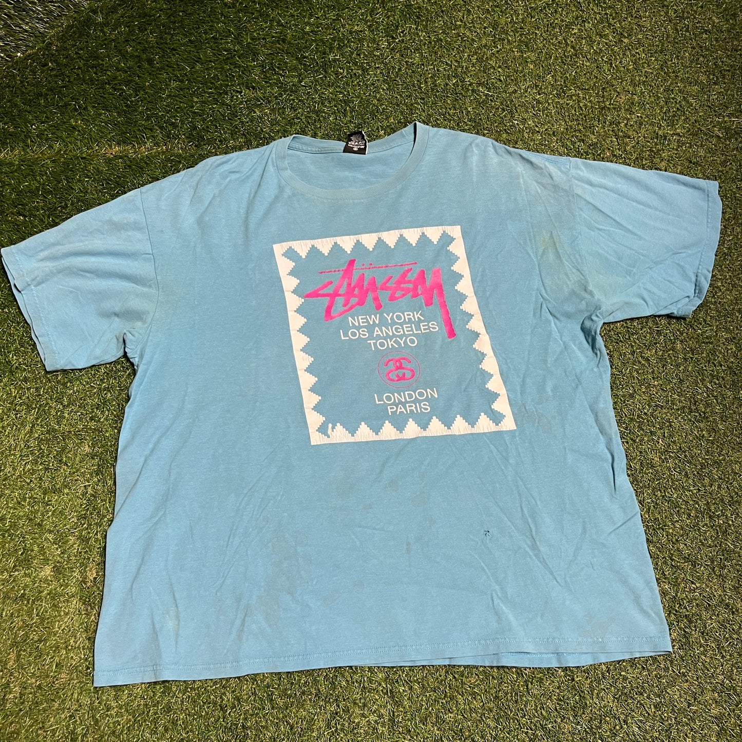 Y2K Stussy Light Blue Tour Tee Size XXL USED x13739