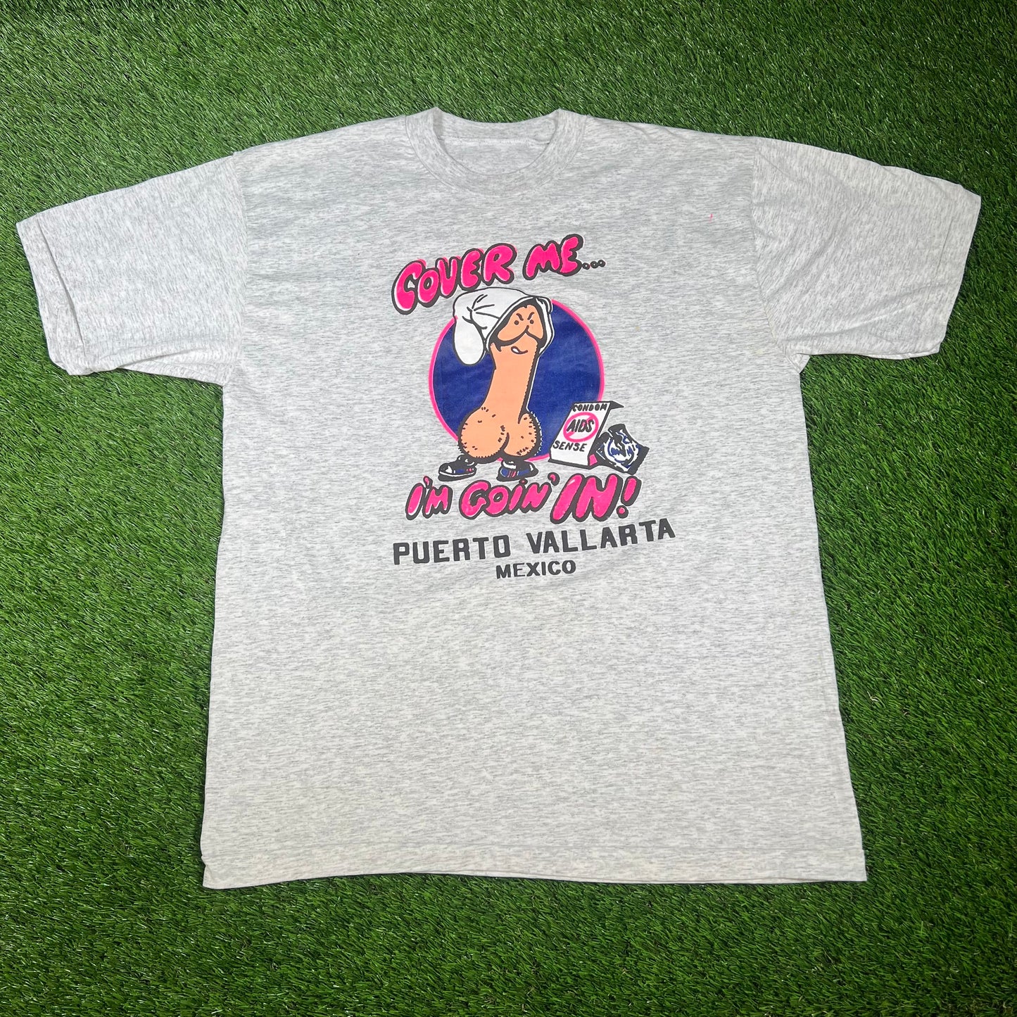 1990s "Cover Me" Grey Penis Tee Size XL USED v16623