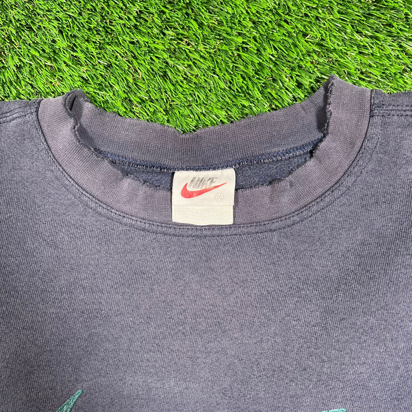 1990s Green Print Swoosh Navy Blue Crewneck Size XXL USED v18588
