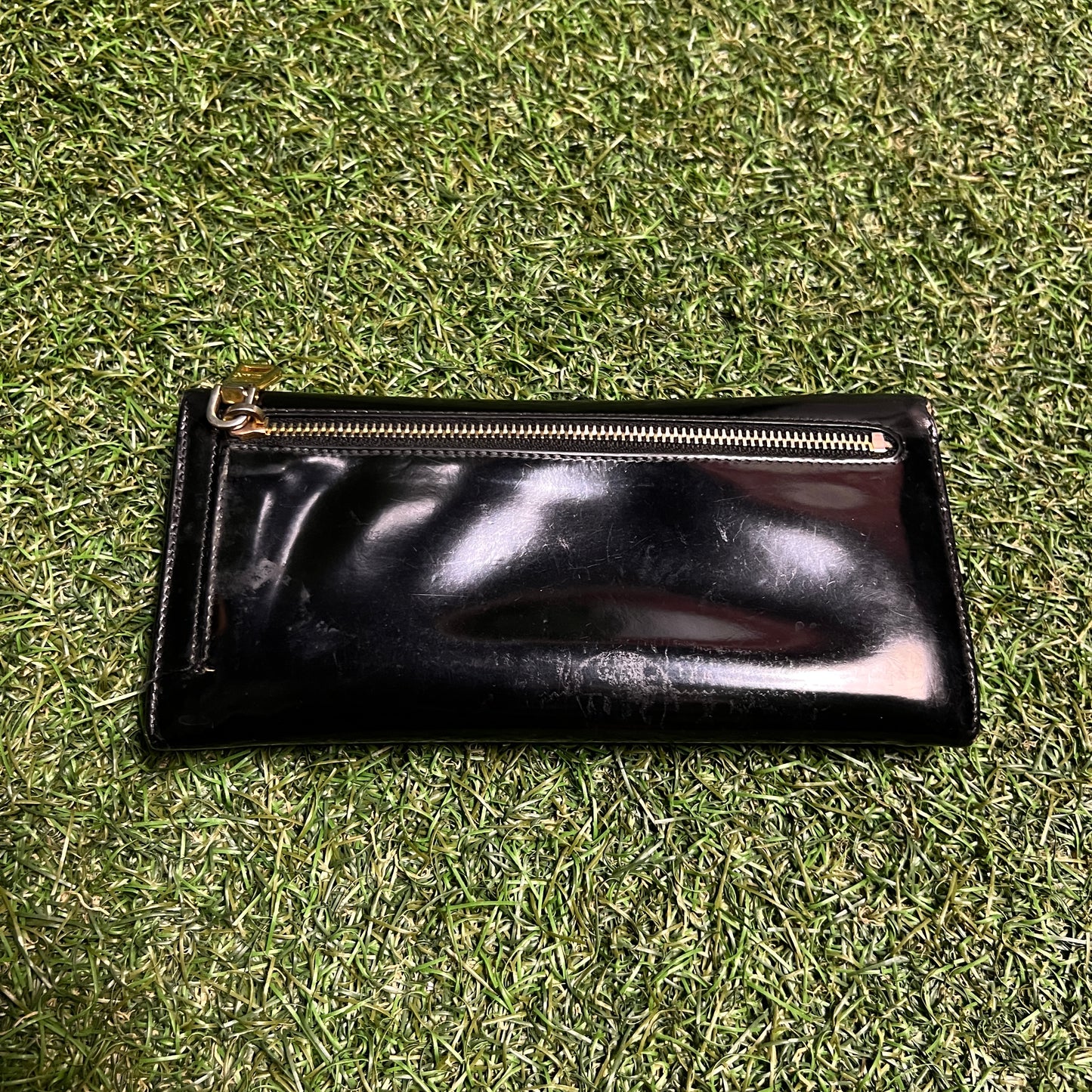 1990s Prada Saffiano Patent Leather Long Black Wallet USED x14078