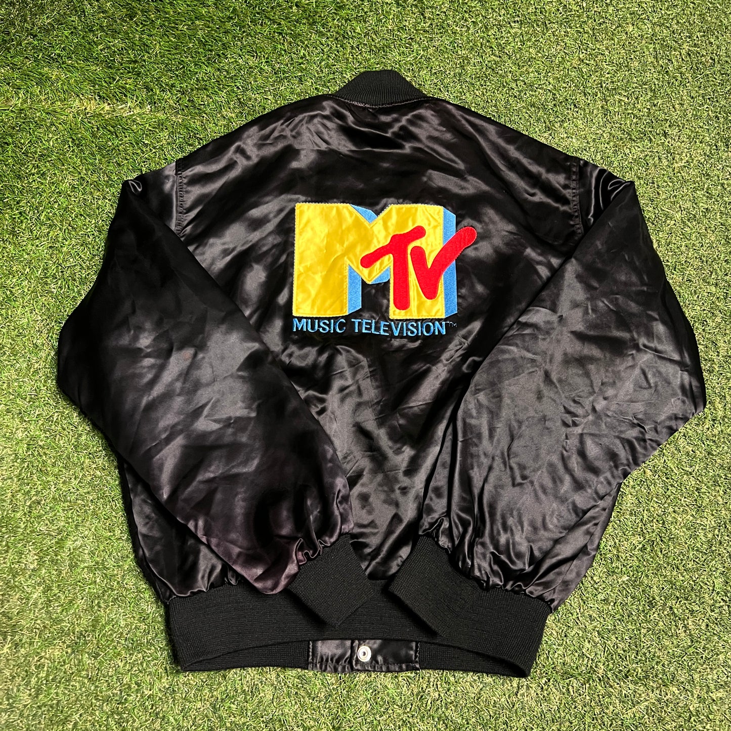 1990s MTV Satin Black Button Up Jacket Size Large USED v16496