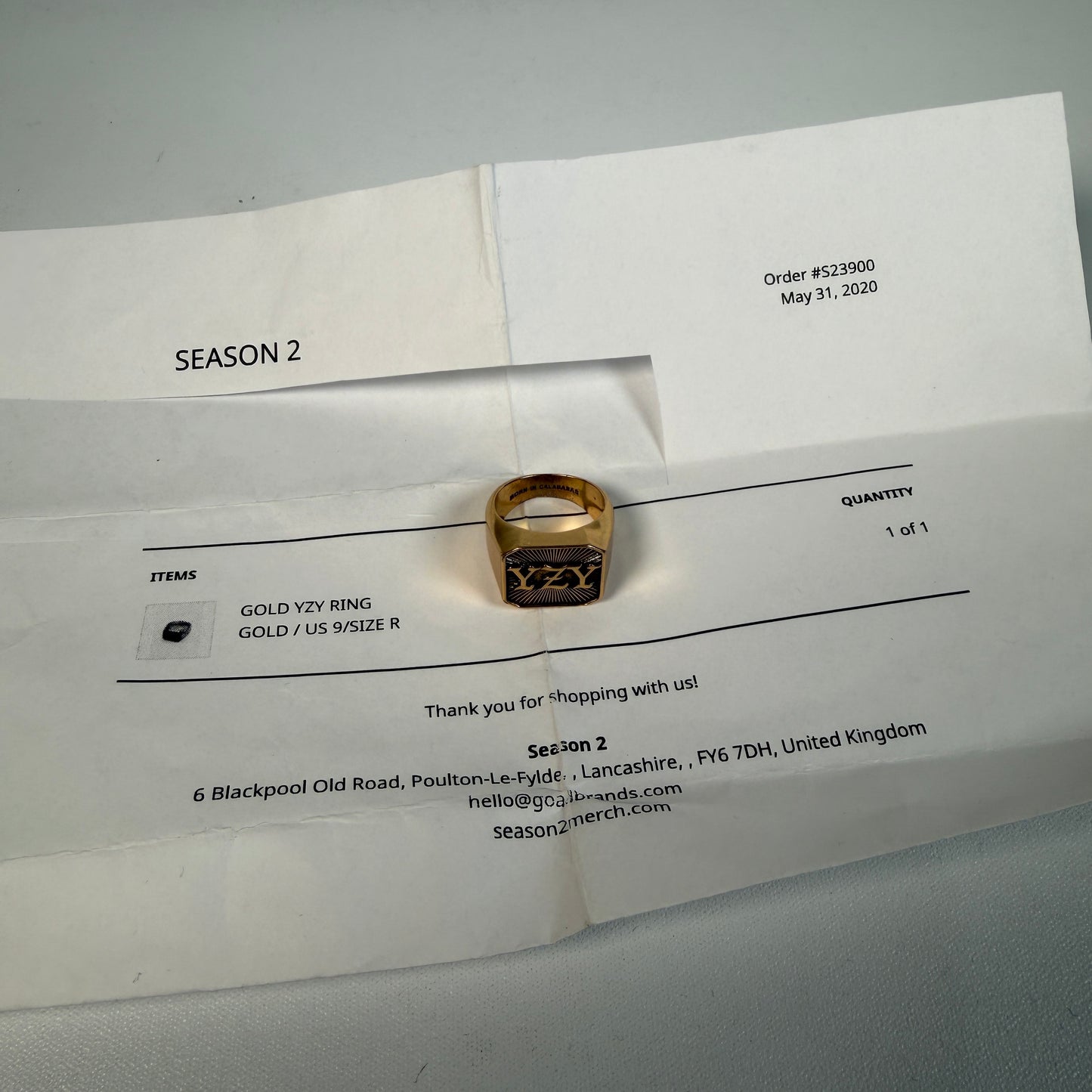 Yeezy Season 2 Merch YZY Gold Ring Size 9 USED x12030