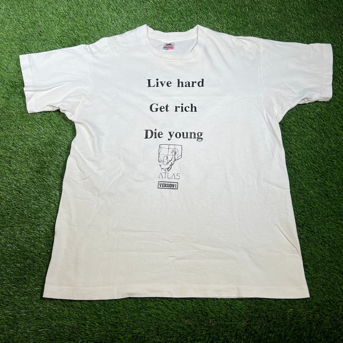 1990s Wharton Live Hard Get Rich Die Young White Tee Size XL USED v16540