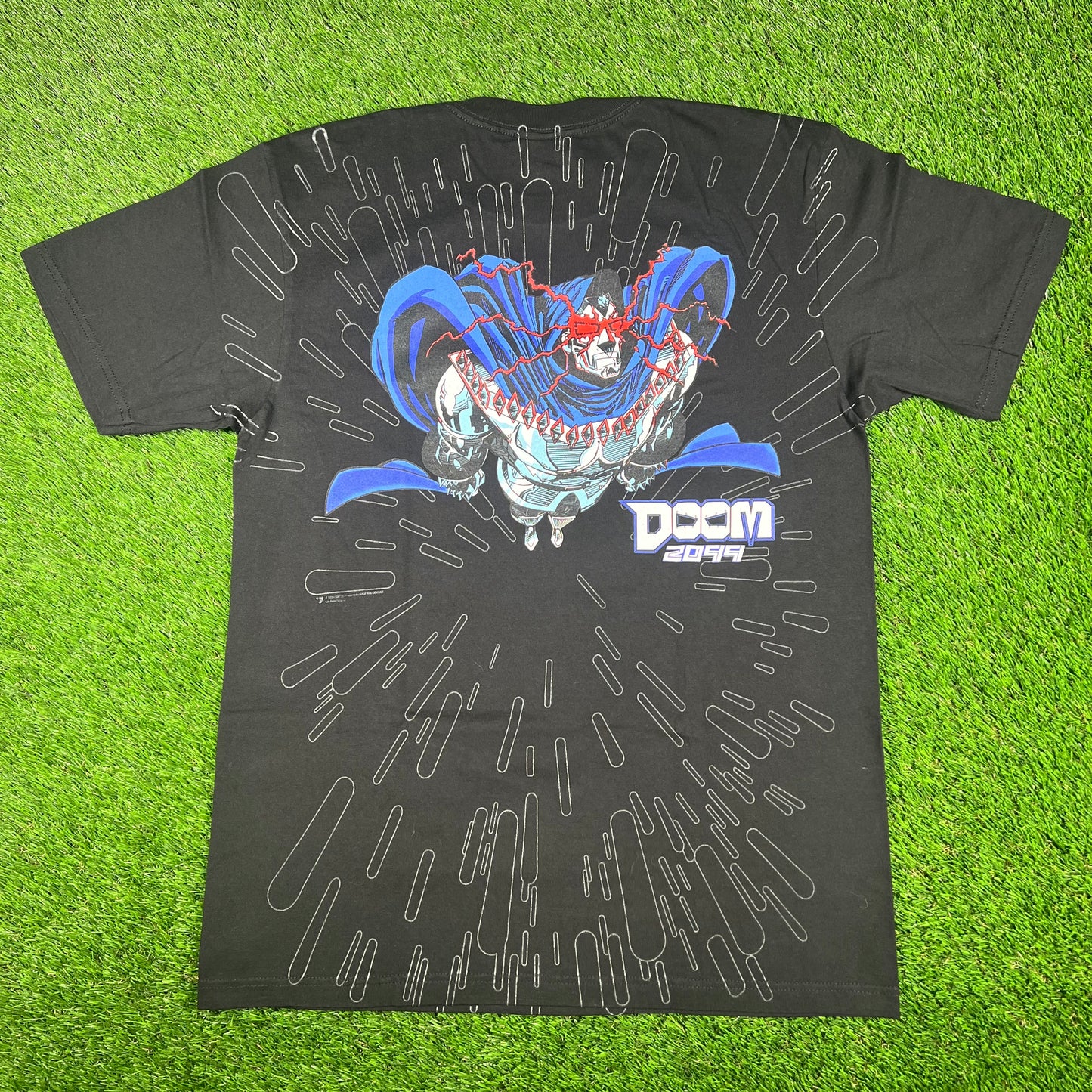Mask and Disguise M.A.D. Marvel "Doom 2099" AOP Black Tee Size Large USED v17080