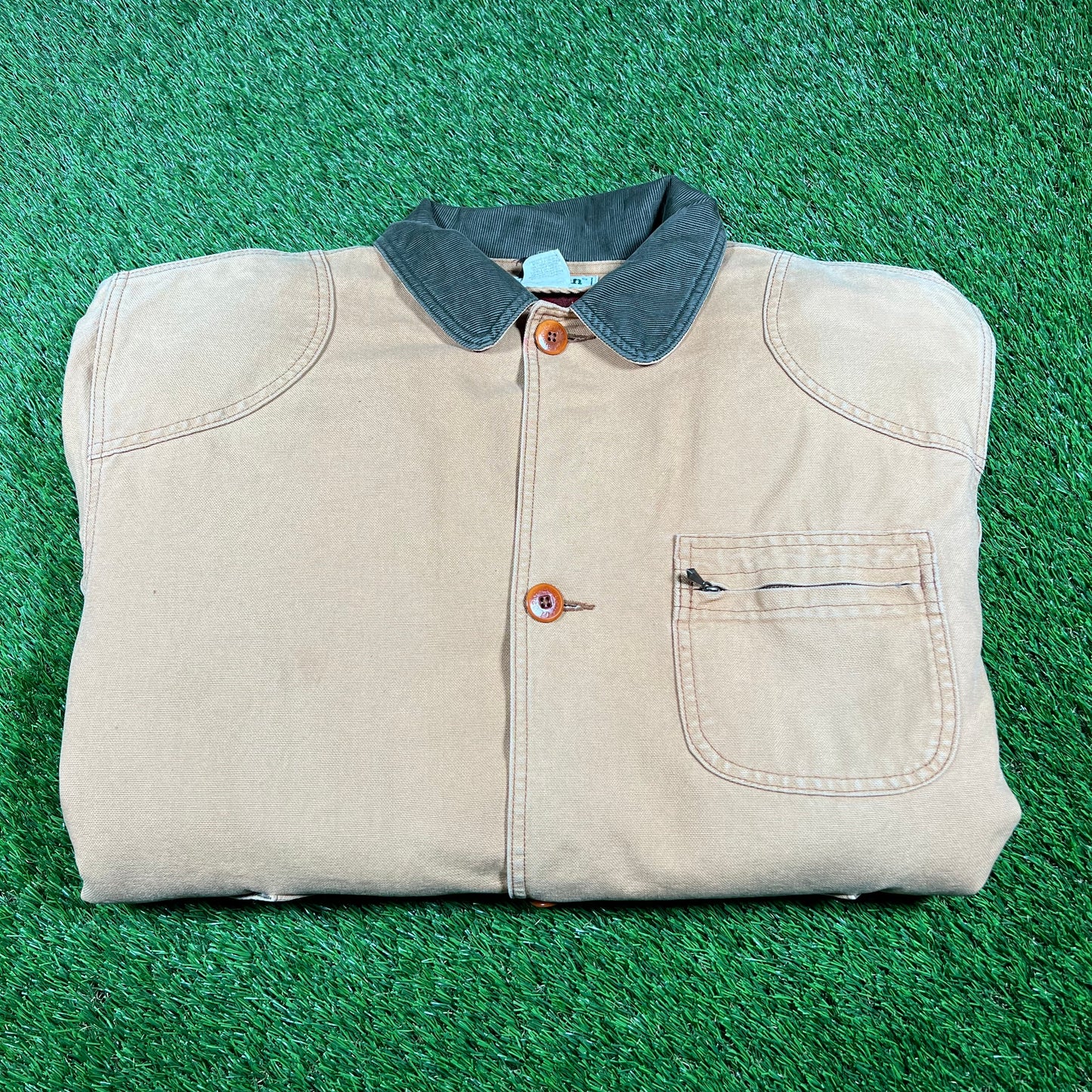 1990s LL Bean Beige Corduroy Button Green Collar Up Jacket Size Large USED v9392