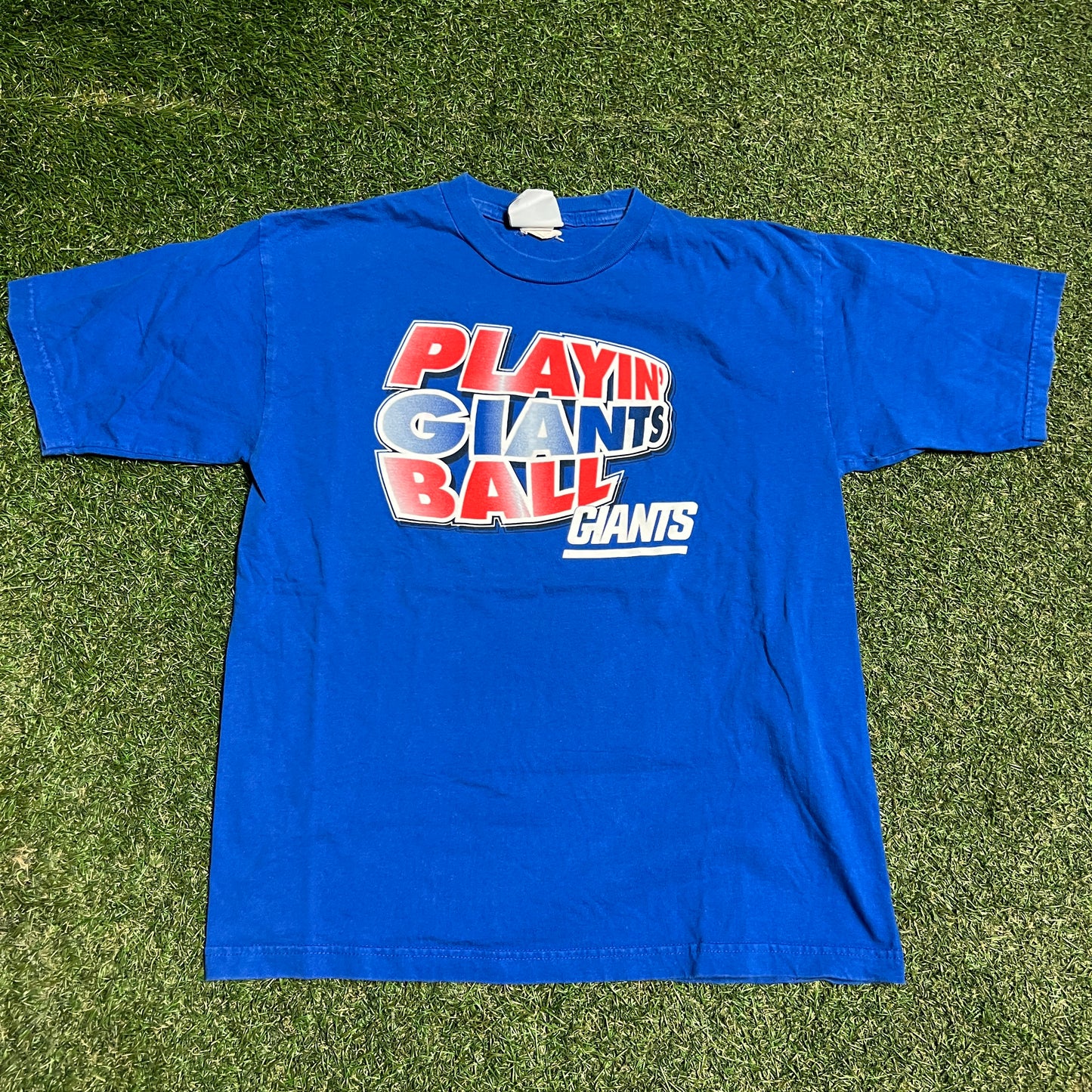 Y2K Giants Playin Giants Ball Blue Tee Size Small USED v16469
