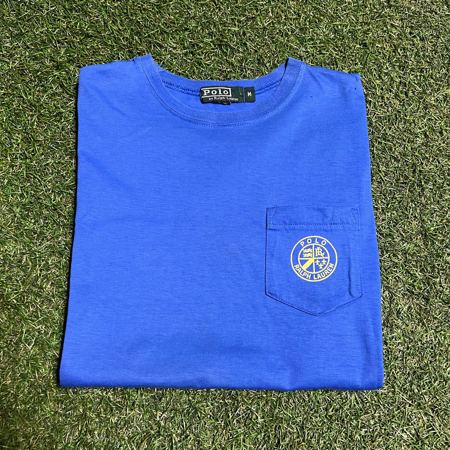 Y2K Polo Ralph Lauren Blue Pocket Tee Size Medium USED v16401