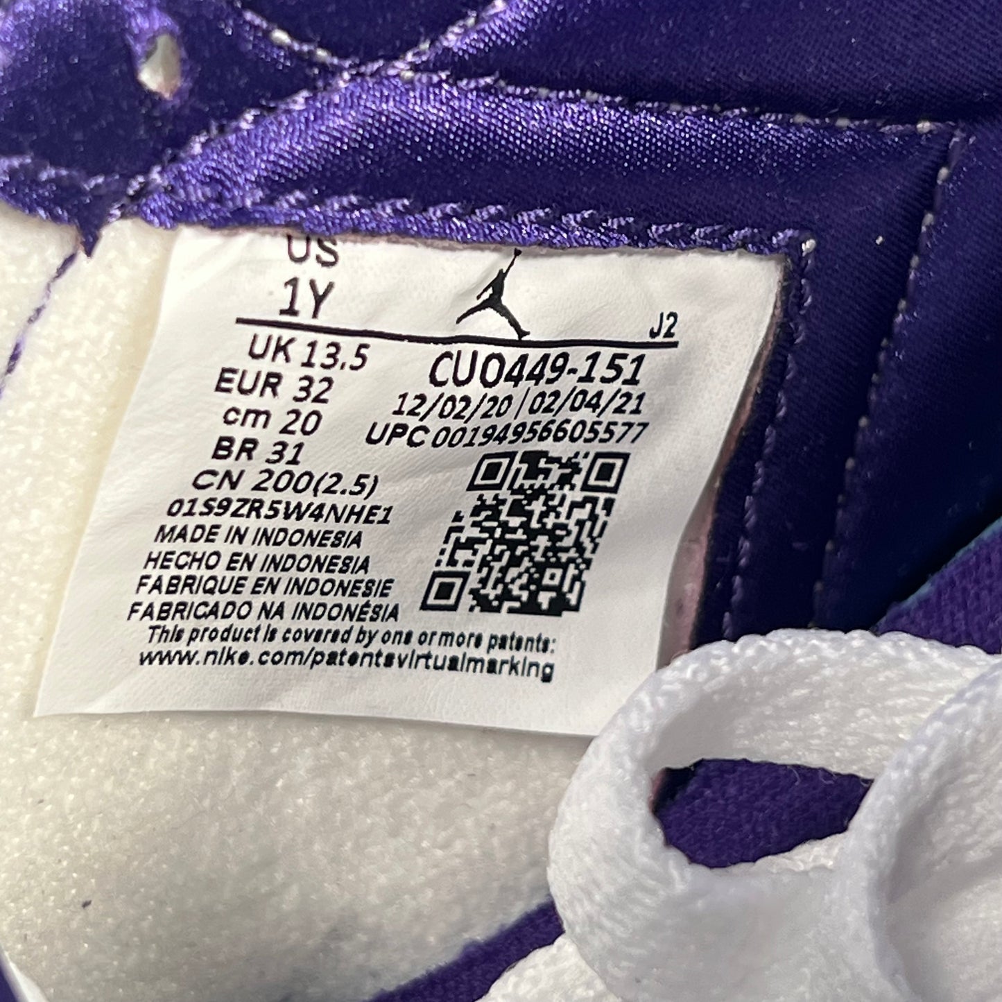 Jordan 1 High Court Purple (2021) Size 1y NEW s17342