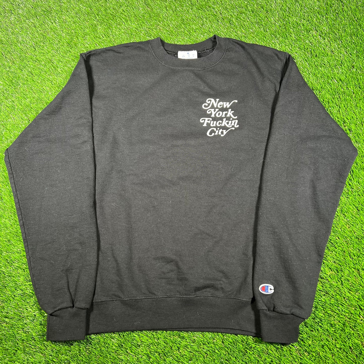 "New York Fuckin City" Black Champion Crewneck Size Medium USED v17010