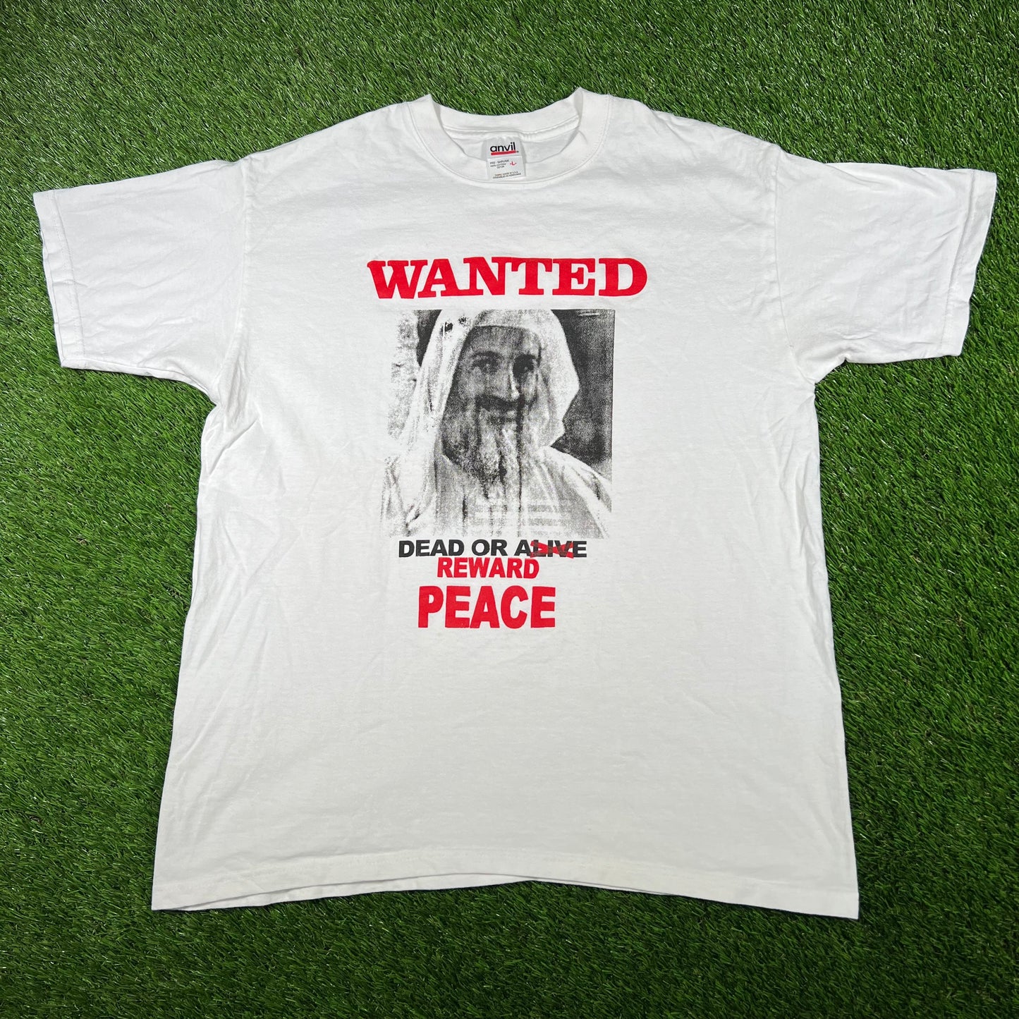Y2K Osama Wanted Dead or Alive White Tee Size Large USED v16891