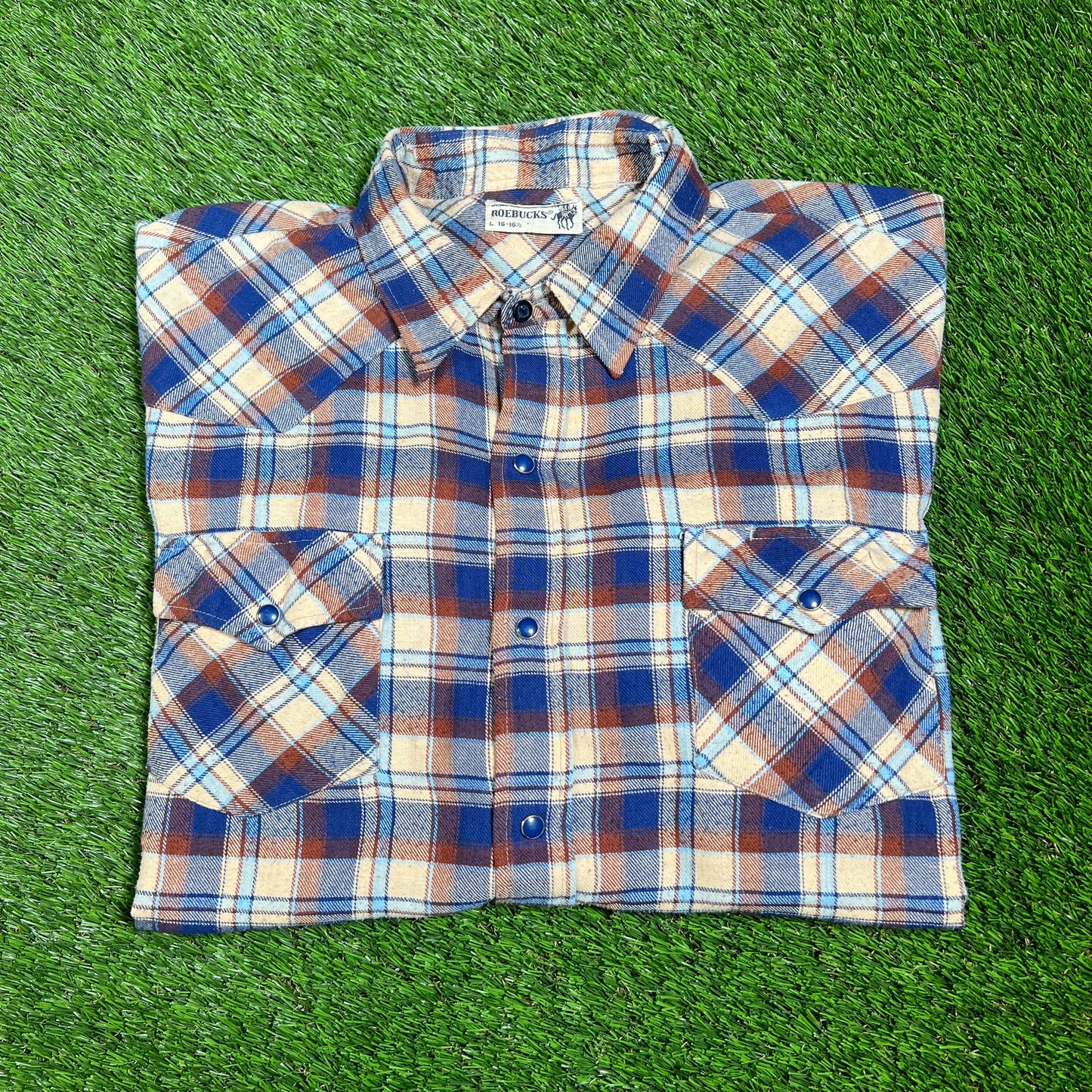 1980s Genuine Roebucks Button Up Blue/Tan Flannel Size Large USED v16532
