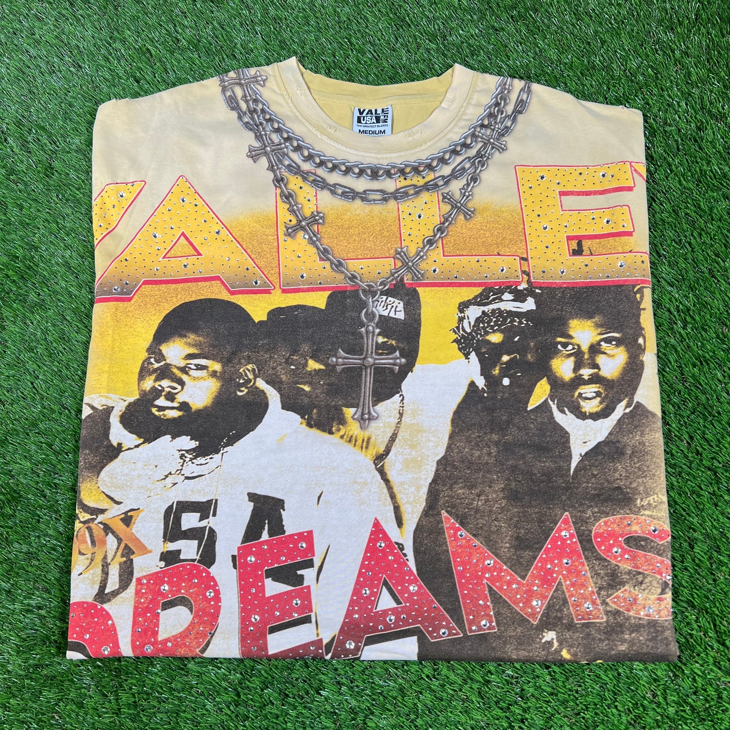Vale Valley Dreams Rhinestone Wu-Tang Yellow Tee Size Medium NEW x14404