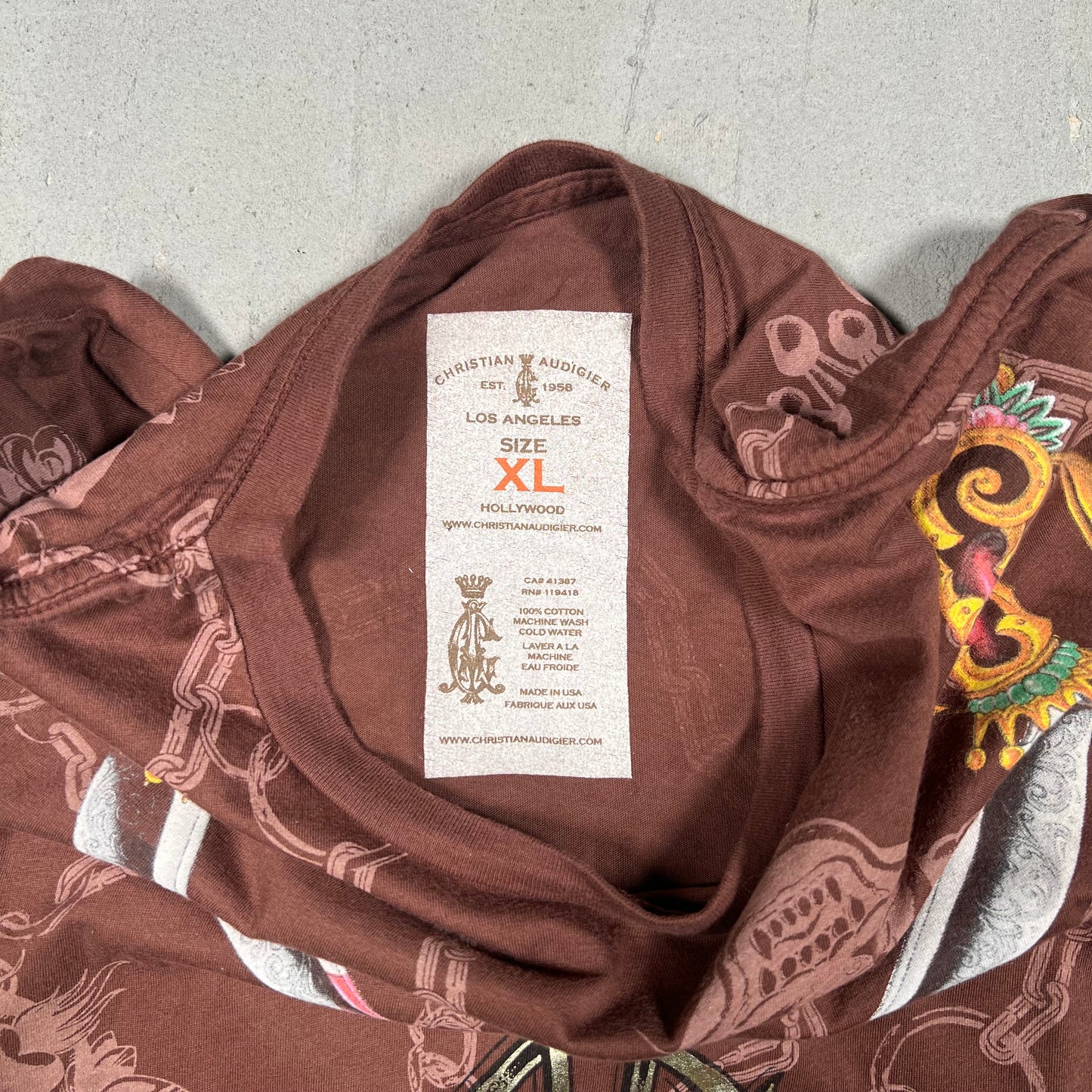 Christian Audigier Los Angeles Crown Brown Tee Size XL USED v19156