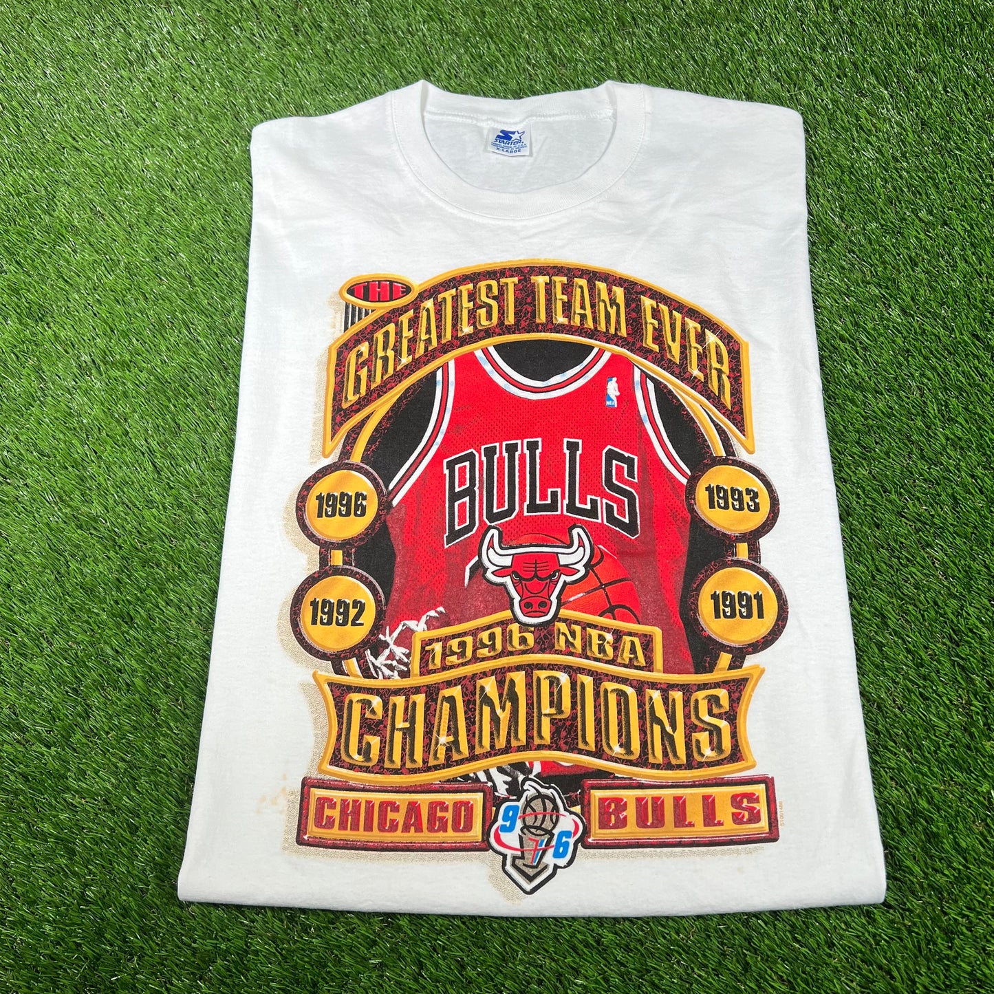 1996 Chicago Bulls Greatest Team Ever Starter Tag White Tee Size XL USED v16743