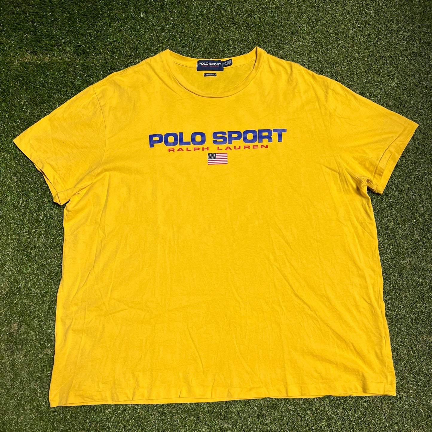 Polo Sport Ralph Lauren Blue Text Yellow Tee Size XXL USED v16376